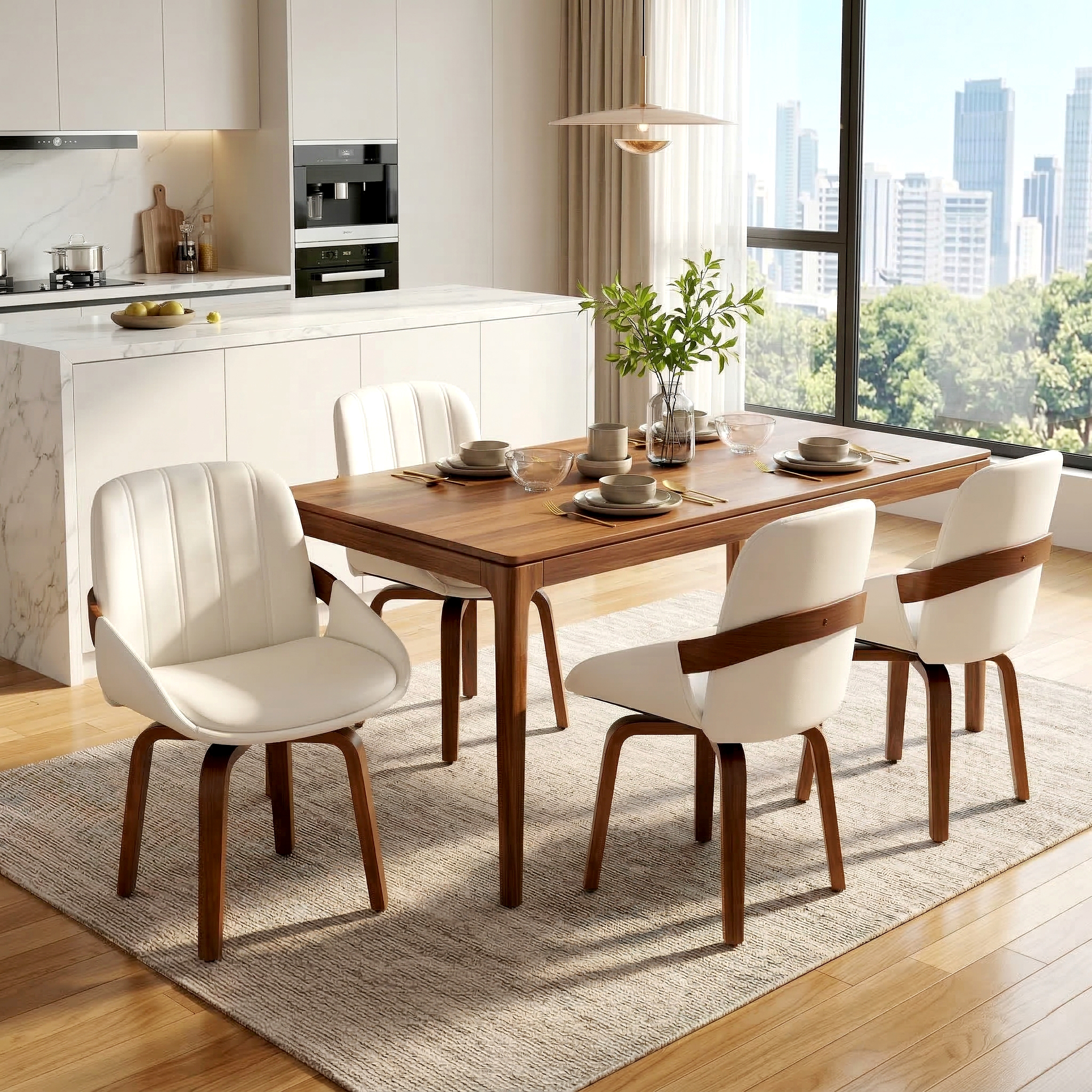 thumbnail video image 2 of Fahomiss Swivel Dining Chairs Set of 6, Mid-Century Modern White Leather Kitchen Chairs with Bentwood Legs, 2 of 8