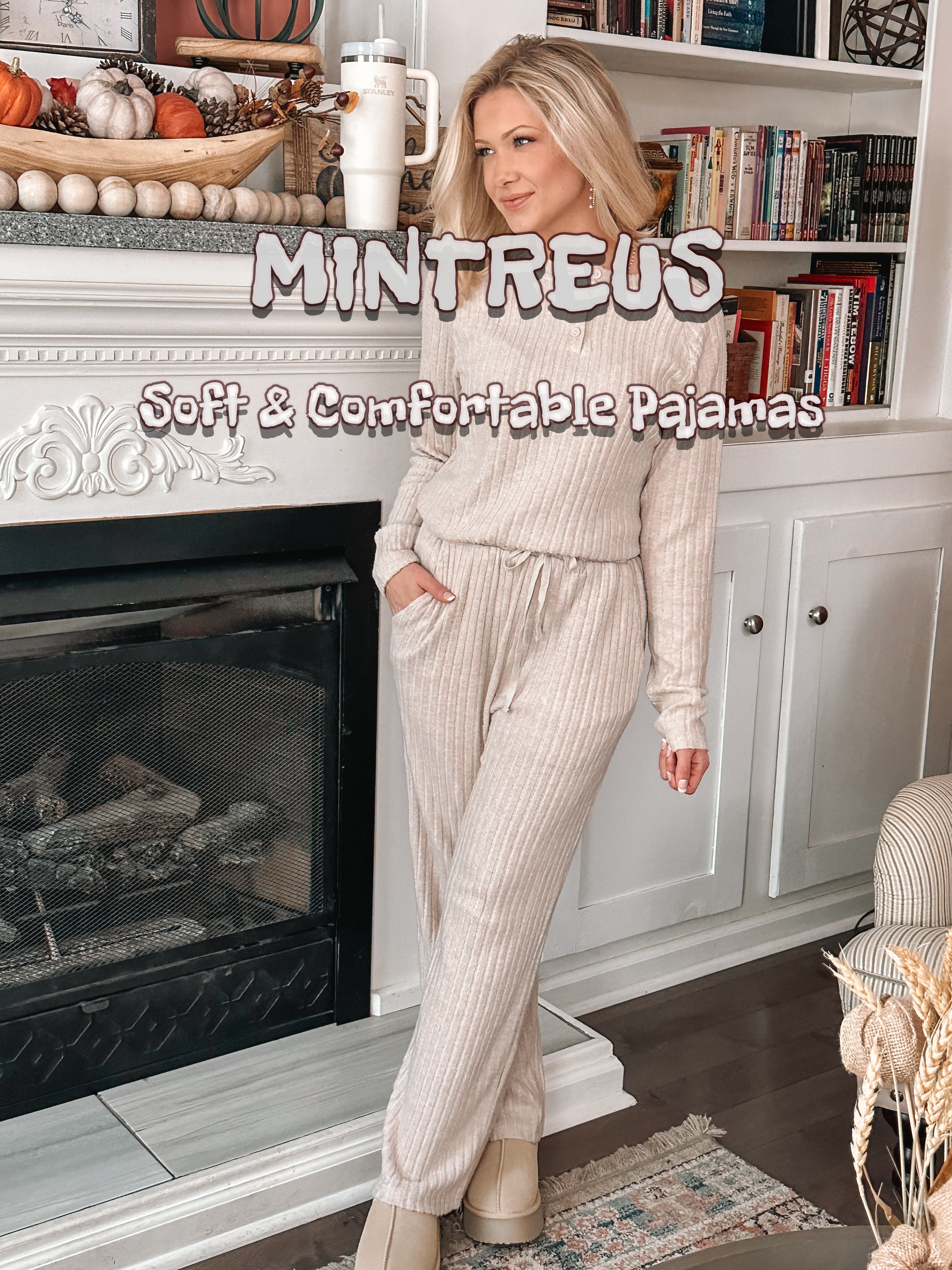 thumbnail video image 2 of MINTREUS Women's Pajama Set Long Sleeve Lounge Set Ribbed knit Sleepwear Two Piece Pjs Set with Pocket, 2 of 7
