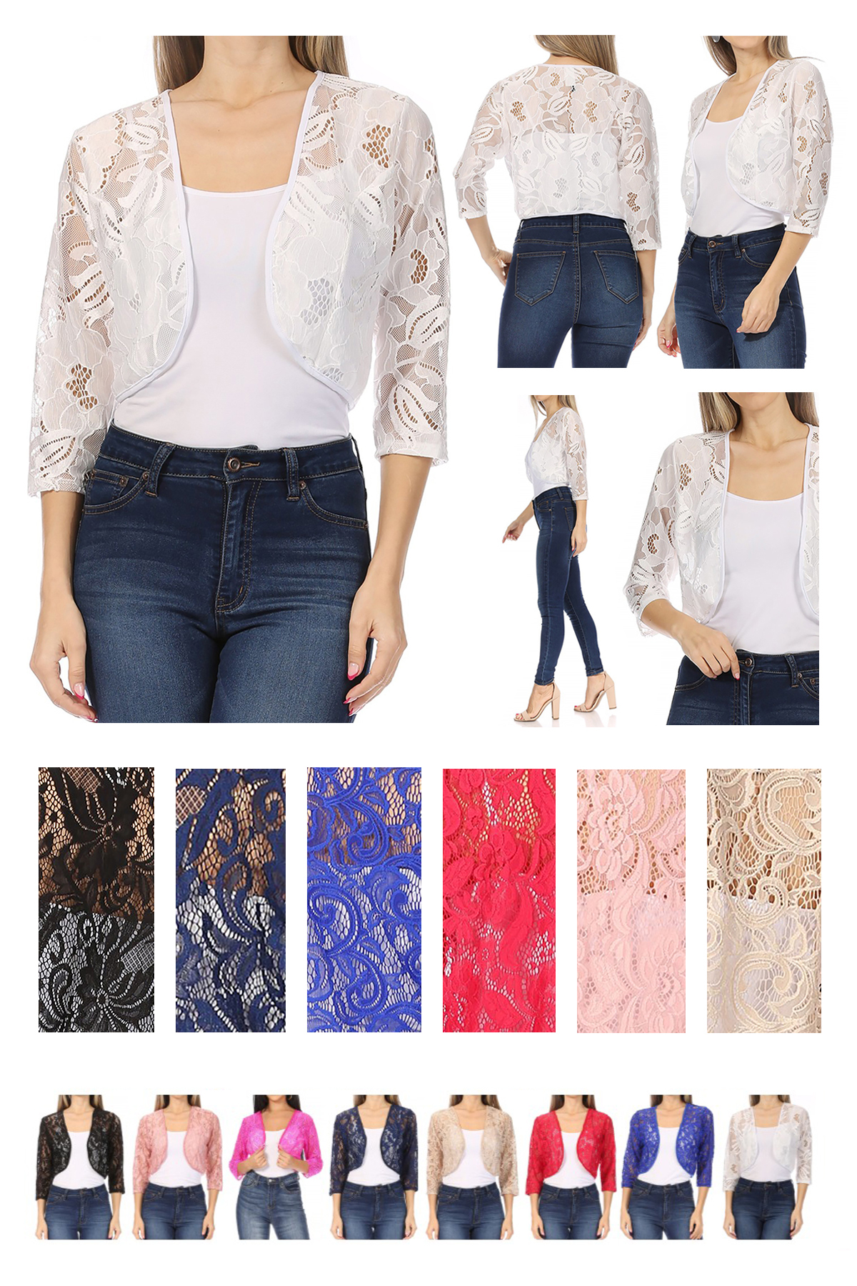 thumbnail video image 2 of Women's Casual Lace Bolero Crochet Cardigan 3/4 Sleeve Sheer Cover Up, 2 of 7