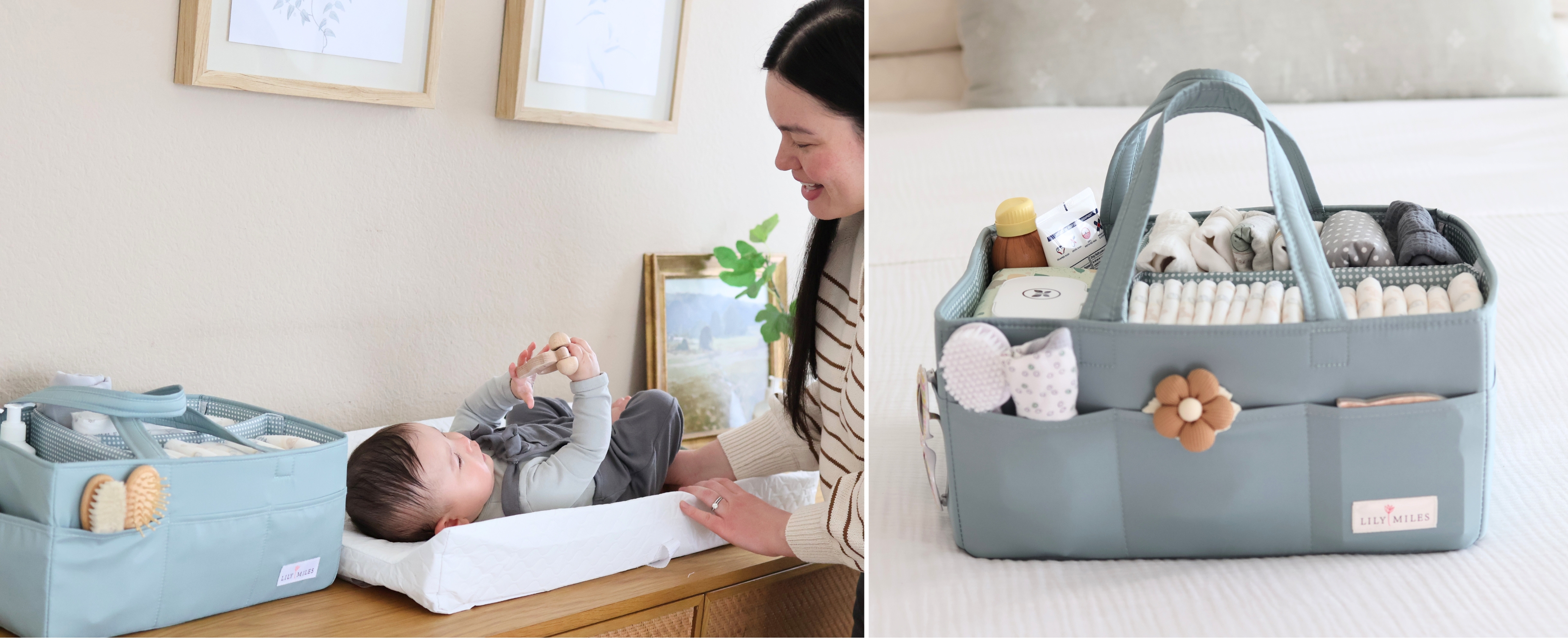 thumbnail video image 2 of Lily Miles Baby Diaper Caddy Organizer, Wipeable Diaper Organizer Basket with 8 Pockets for Newborn Essentials, Baby Shower Gifts, Nursery Tote Bag for Changing Table or Car (Rosy Lilac, Large), 2 of 10