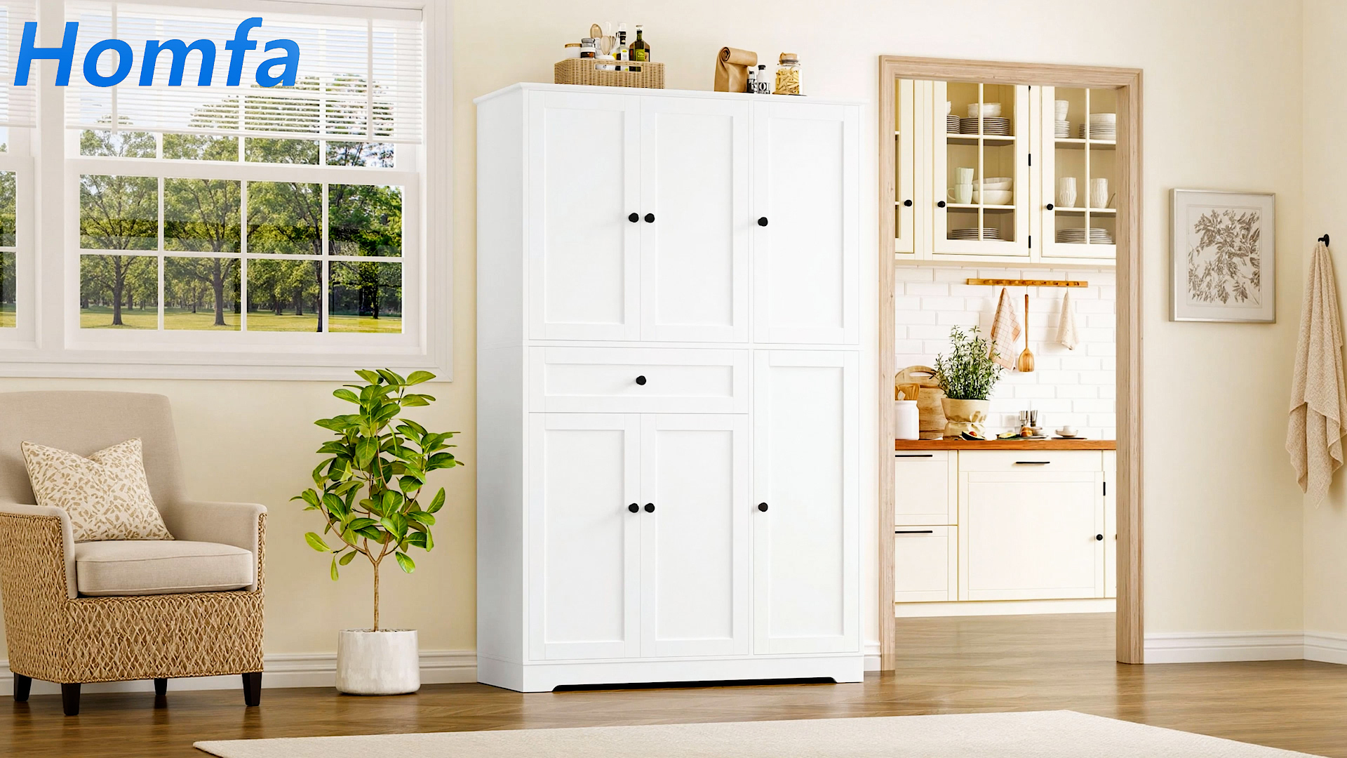 thumbnail video image 2 of Homfa Kitchen Pantry Storage Cabinet, 68" Food Pantry Cabinet with Drawer and Door Shelf, 6 Door Freestanding Cupboard Buffet for Dining Room, White, 2 of 9
