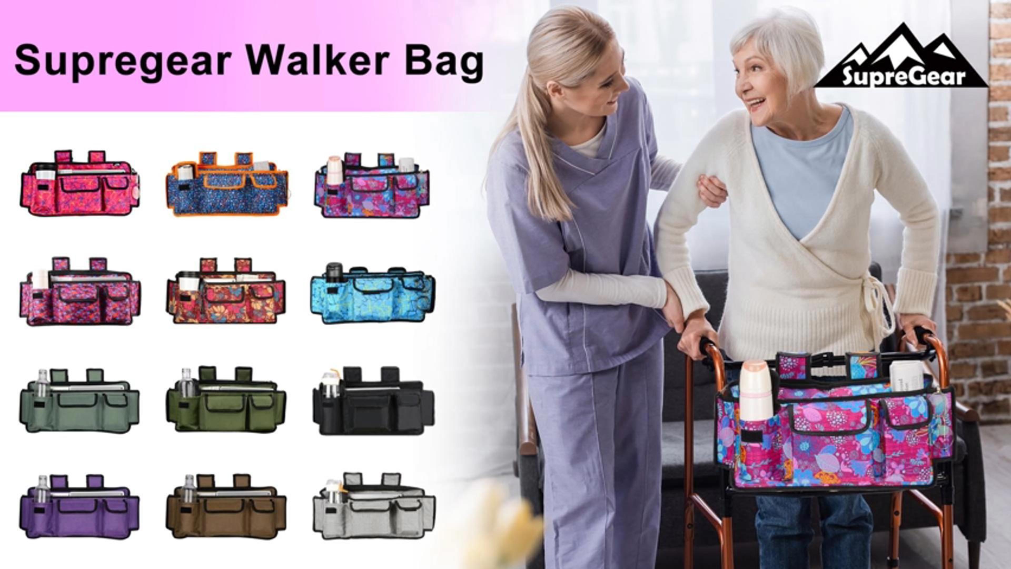 thumbnail video image 2 of SupreGear Walker Bag, Folding Organizer Tote for Rollator and Wheelchair, Zippered with Pockets, Floral Purple, 2 of 8