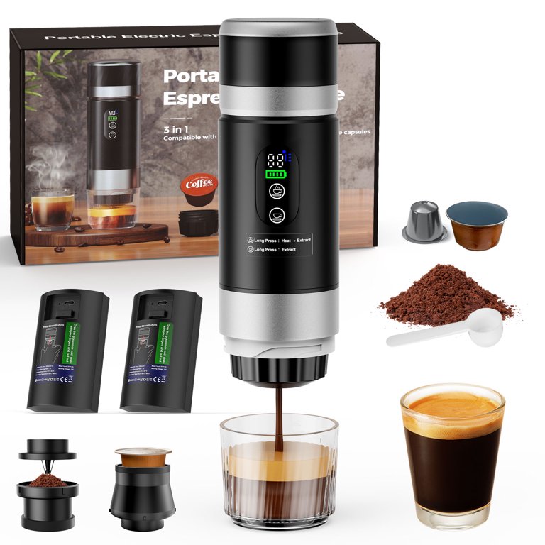 Mocoli Machine à Cafe Portable, Cafetière à Expresso Chauffage Électrique de Voyage, 3 en 1 Cafetières à Capsules pour 12V Voiture et le Camping, Machine à Café à Batterie, 60 ml