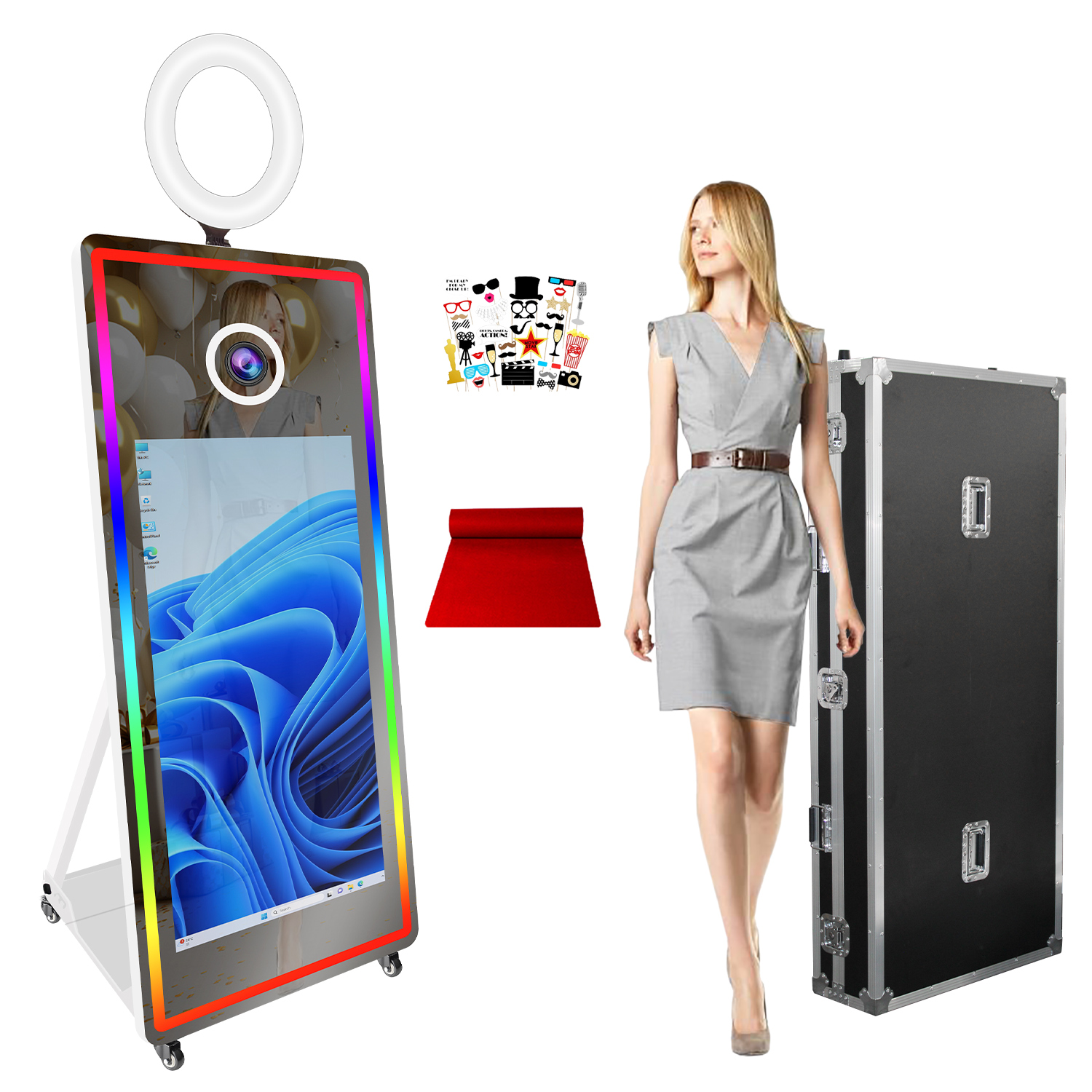 thumbnail video image 2 of VANYA 43 inch Magic Mirror Photo Booth Portable Touch Screen Mirror Photo Booth Machine with Ring Light for Weddings (Full Set, Black Machine), 2 of 6