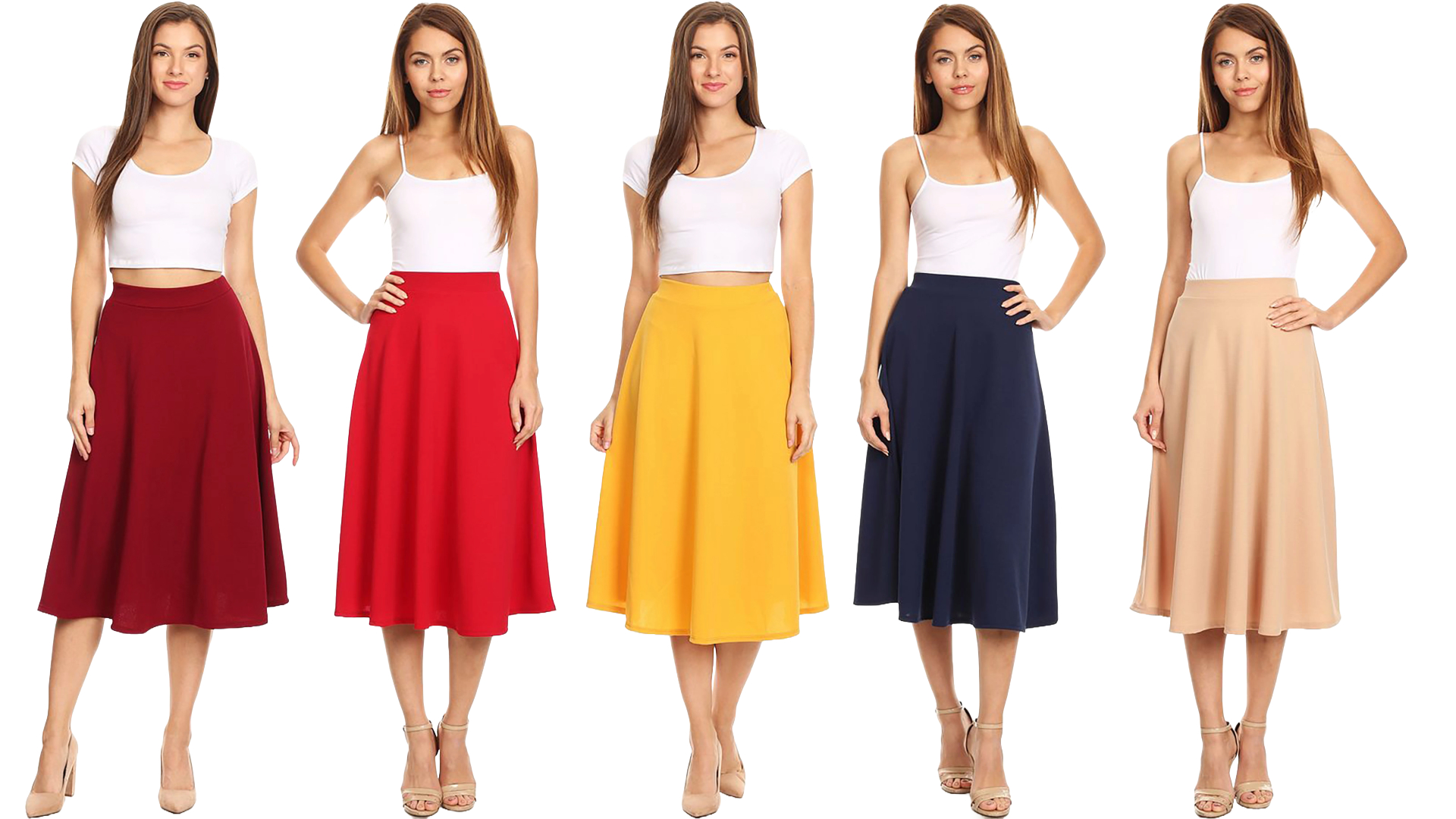 thumbnail video image 2 of Moa Collection Women's Casual High Waist A-Line Midi Skirt with Elastic Waistband, 2 of 6