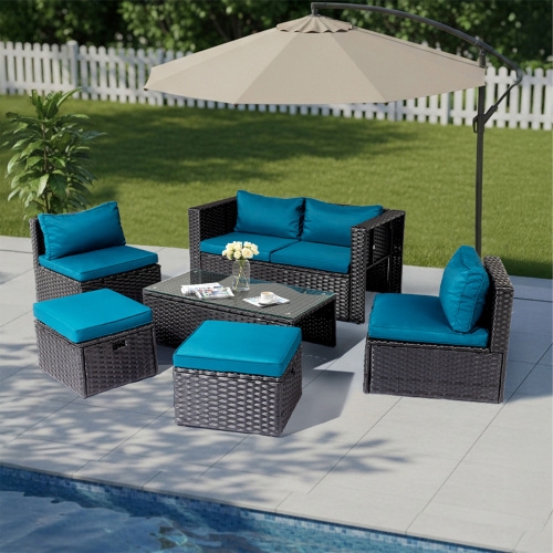 thumbnail video image 2 of Ktaxon 7-Piece Modular Patio Sectional Set, All-Weather Wicker, Black Frame Peacock Green Cushions, 2 of 11