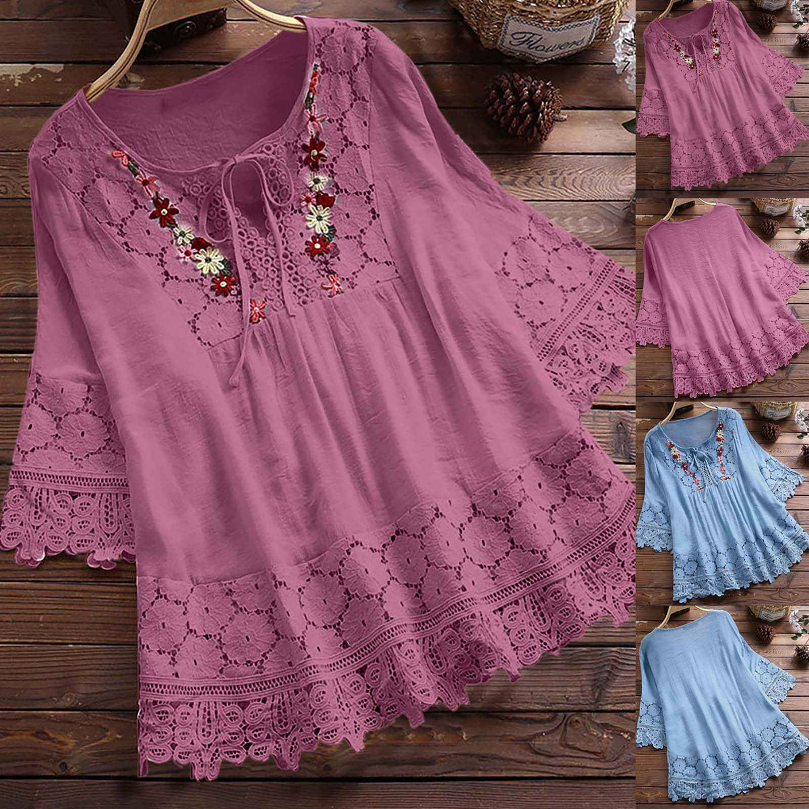 thumbnail video image 2 of WREESH Womens 2025 Fashion Summer 3/4 Bell Sleeve Lace Hollow Out Tops Flowy V-Neck Shirts Casual Solid Color Blouse Purple, 2 of 8