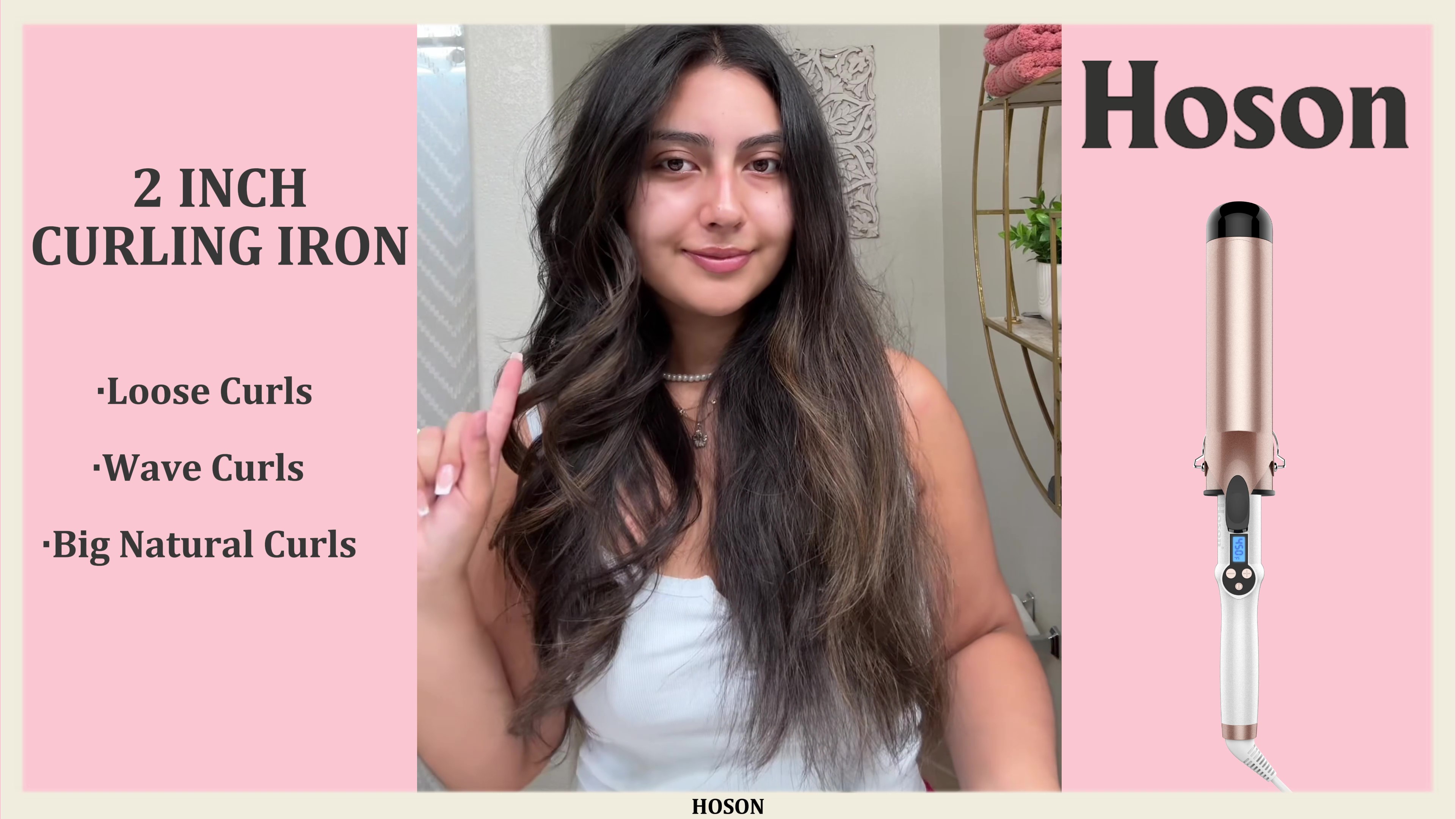 thumbnail video image 2 of Hoson 2 Inch Curling Iron Large Barrel, Long Barrel Curling Wand Dual Voltage, Ceramic Tourmaline Coating with LCD Display, Glove Include, 2 of 7