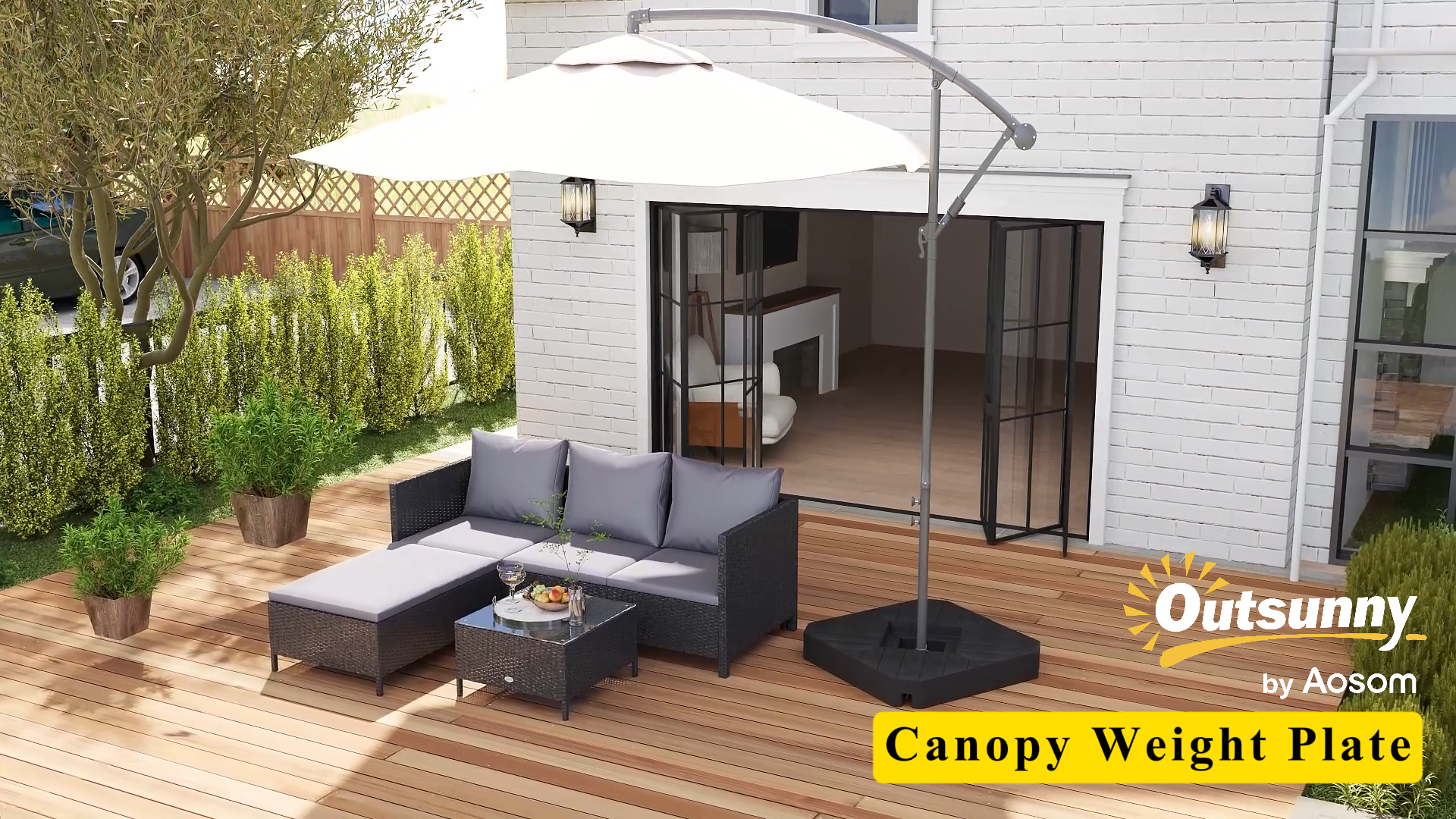thumbnail video image 2 of Outsunny 4 Piece Patio Umbrella Base Weight Set, Outdoor Cantilever Offset Umbrella Weights, 132 lb. Water or 176 lb. Sand, Black, 2 of 10