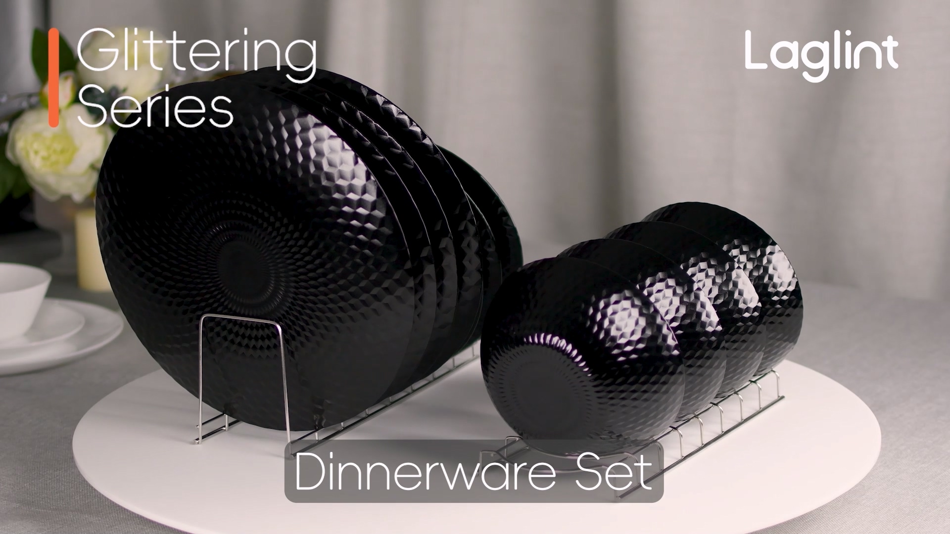 thumbnail video image 2 of LaGlint Dinnerware Sets for 4, Light & Durable 12 Pieces Opal Glass Plates and Bowls Set, Dishwasher and Microwave Safe Dish Dinning Ware, Thin but Strong Geometric Faceted Black, 2 of 9