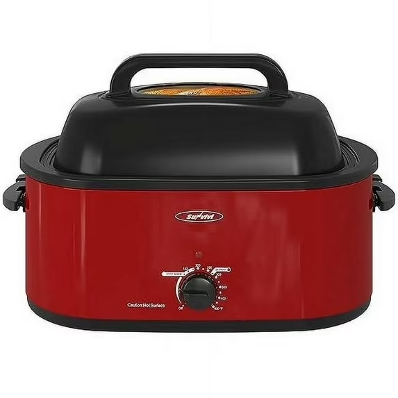 thumbnail video image 2 of Sunvivi 26QT Electric Turkey Roaster Oven with Visible Glass Lid,Removable Pan & Rack, Stainless Steel,Red, 2 of 11