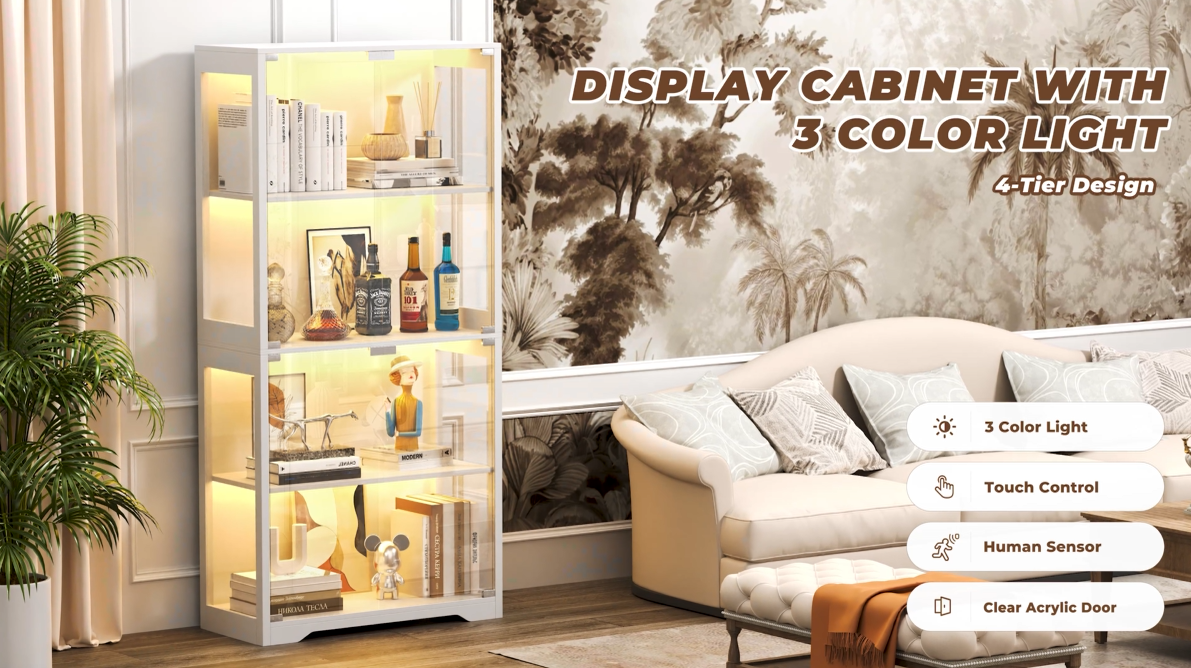 thumbnail video image 2 of MIIFUNY Display Cabinet with Glass Doors 4 Tier Curio Cabinet & Bookshelf with LED, White, 2 of 11