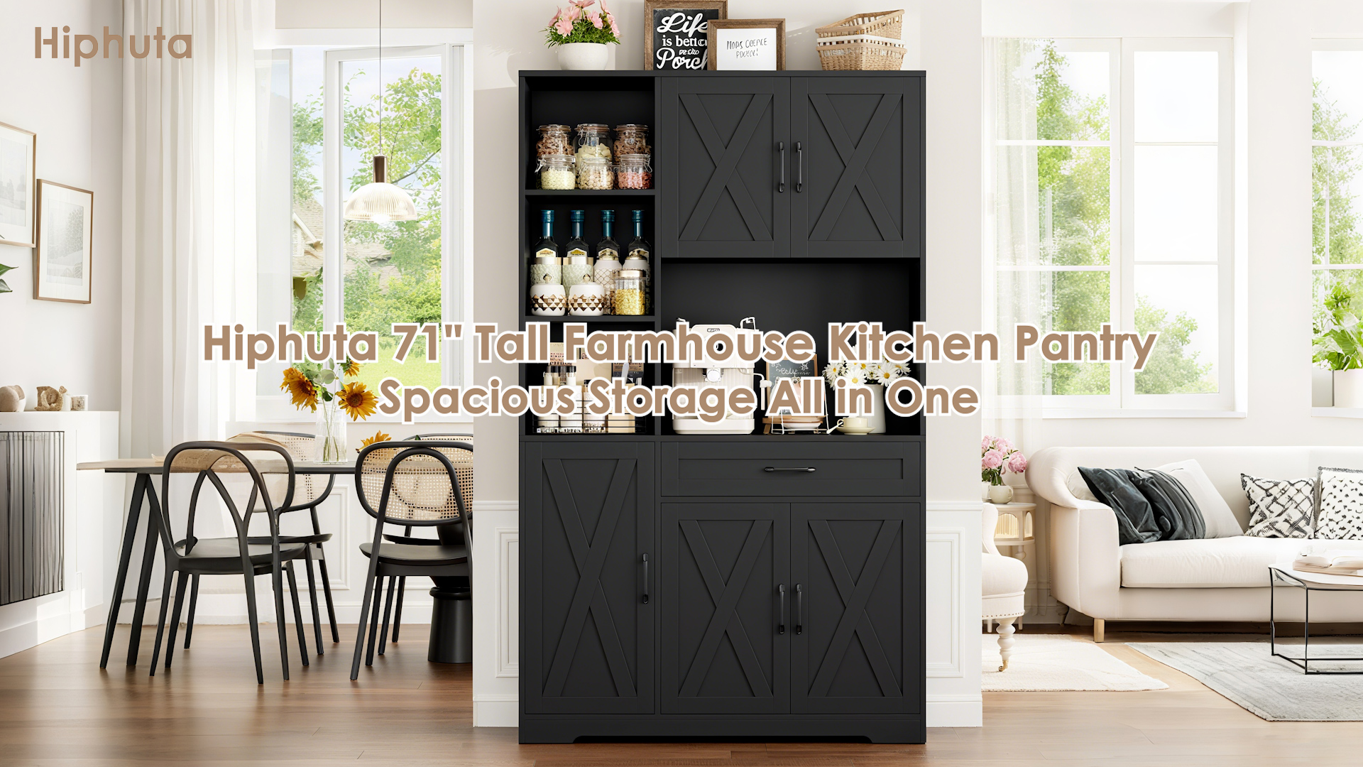 thumbnail video image 2 of Hiphuta 71" Farmhouse Kitchen Pantry Storage Cabinet, Freestanding Hutch with Doors and Drawer, Shelves & Microwave Stand, Sturdy Cupboard for Dining Room, Ash Gray, 2 of 8