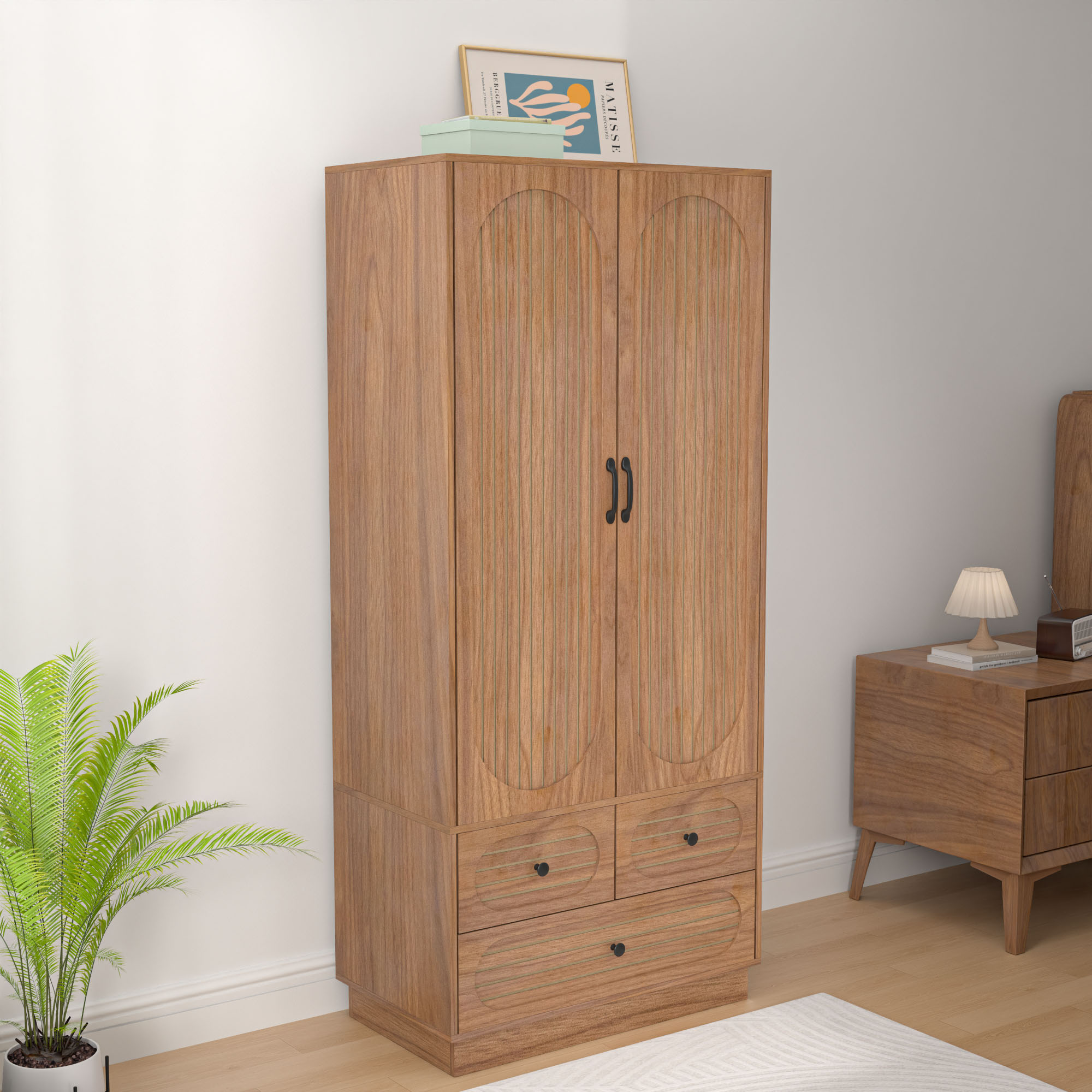 Wardrobe Closet with 2 Door & 3 Drawers, Freestanding Wooden Closet ...