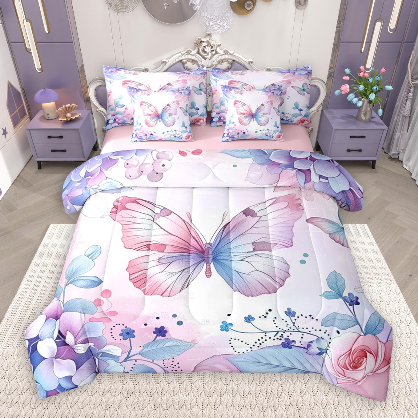 thumbnail video image 2 of Manfei Cute Cartoon Butterfly 7 Pieces Bedding Comforter Set,Romantic Flower Full Bedding Set,Purple White Blue Fitted Sheet Flat Sheet For Girls Kids,Breathable Home Decor Reversible, 2 of 9