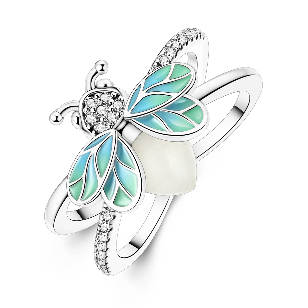 thumbnail video image 2 of MULA 925 Sterling Silver Luminous Firefly Ring for Women, Hypoallergenic 5A Zircon Dainty Birthday & Valentine's Day Gift with Box Size 8, 2 of 9