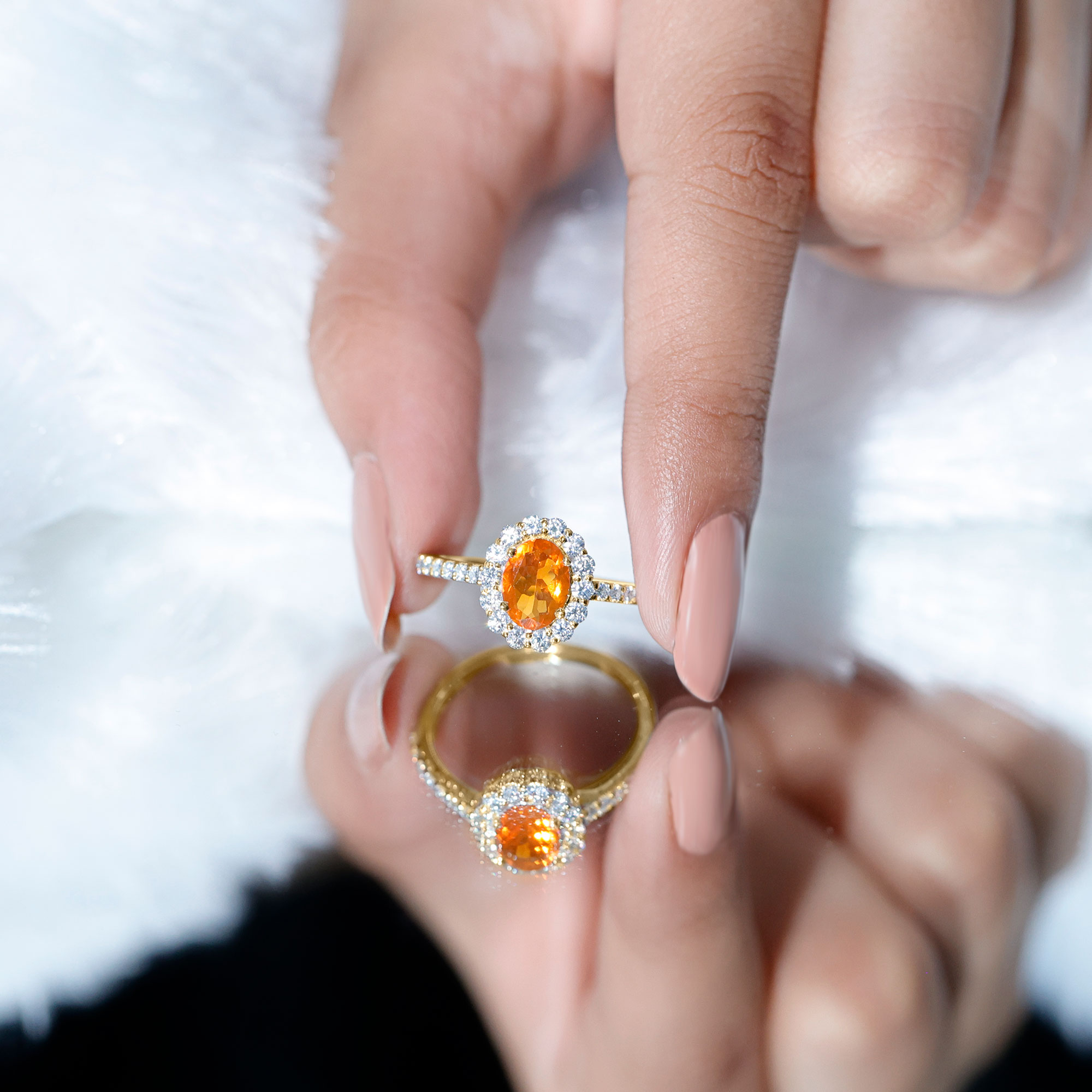 thumbnail video image 2 of Rosec Jewels Real Fire Opal Oval Engagement Ring with Halo (6X8mm, AAA Grade) - Opal Statement Ring for Women - with Jewelry Box, 18K Yellow Gold, US 7.50, 2 of 9