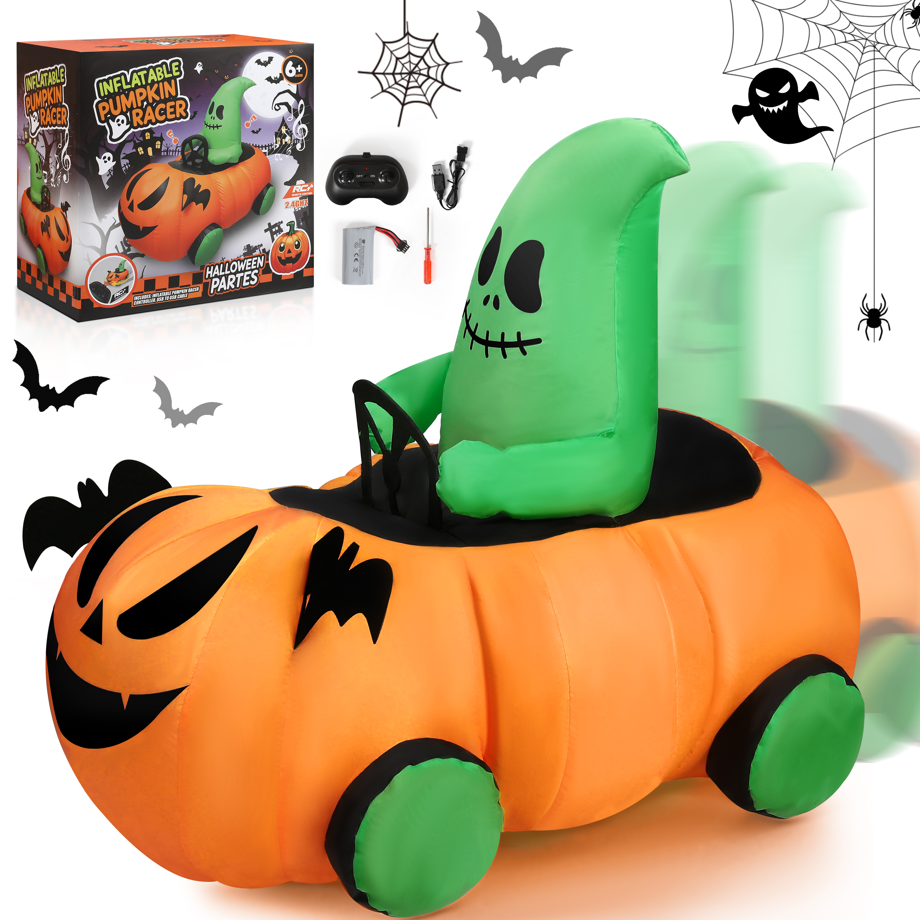 thumbnail video image 2 of Firstness 2.6ft Halloween Inflatable with Music and Lights,Remote Control Pumpkin Ghost Car,Blow ups Rc Car,Indoor Outdoor,Orange Green, 2 of 12