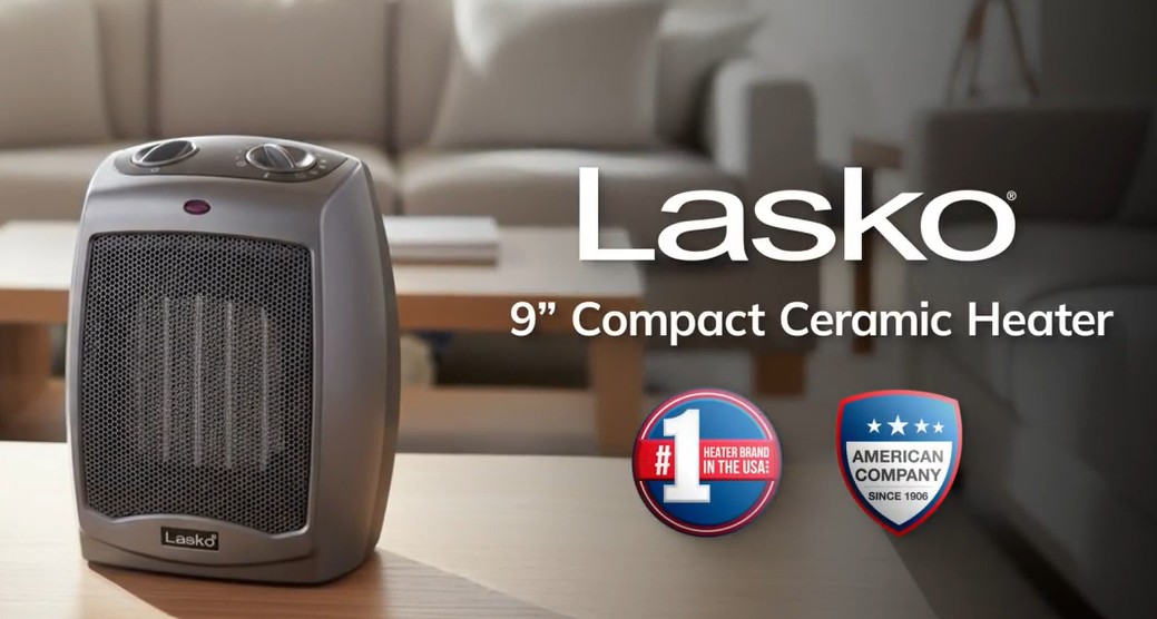 thumbnail video image 2 of Lasko 9" 1500W Portable Ceramic Electric Space Heater with Tip-Over, Gray, 754201, 2 of 12