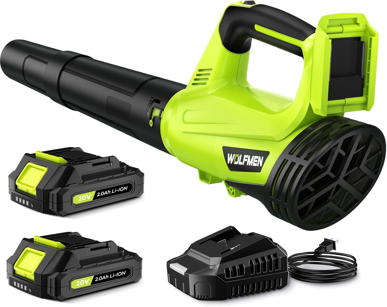 thumbnail video image 2 of DARKIRON Cordless Leaf Blower, 20V Leaf Blower with 2 x 2.0Ah Batteries & Charger, Up to 450CFM/150MPH, 2 Variable Speed, Lightweight for Blowing Leaves, Patio Cleaning, Lawn Care and Dust (Green), 2 of 8