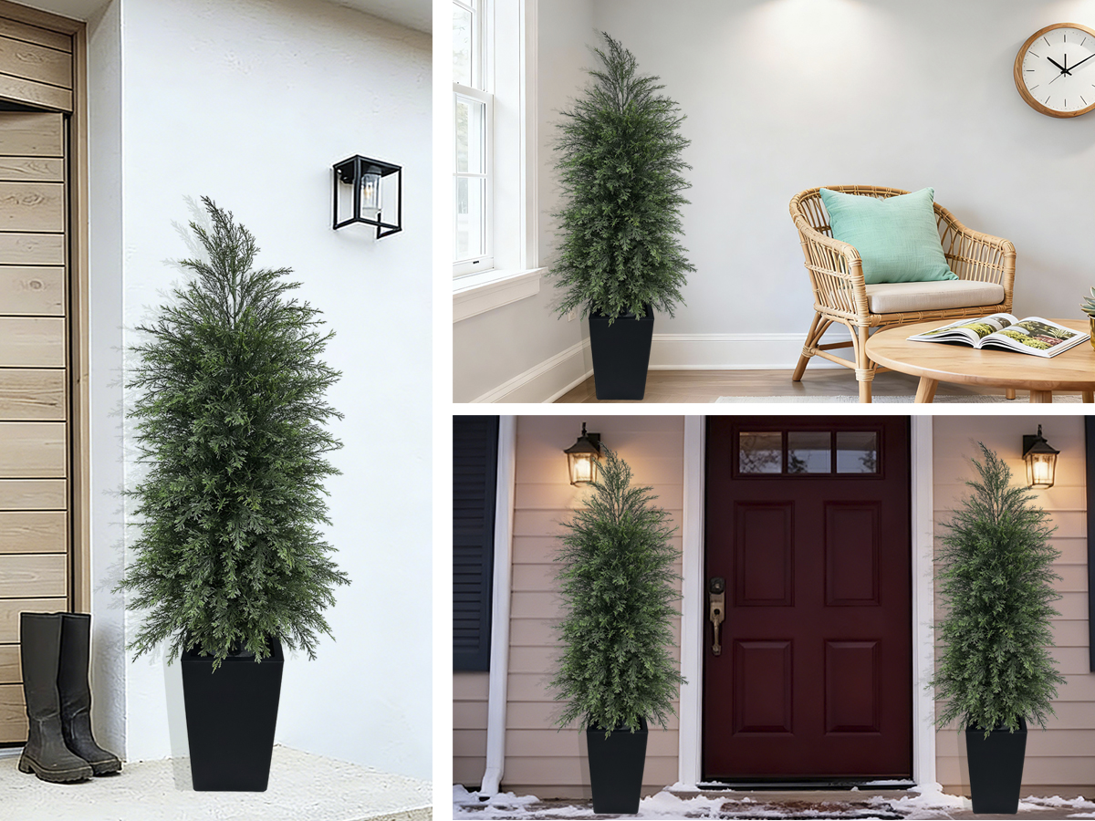 thumbnail video image 2 of 4FT Artificial Cypress Tree with Black Pot - Slim Space-Saving Greenery for Home Corners(set of 2), 2 of 6