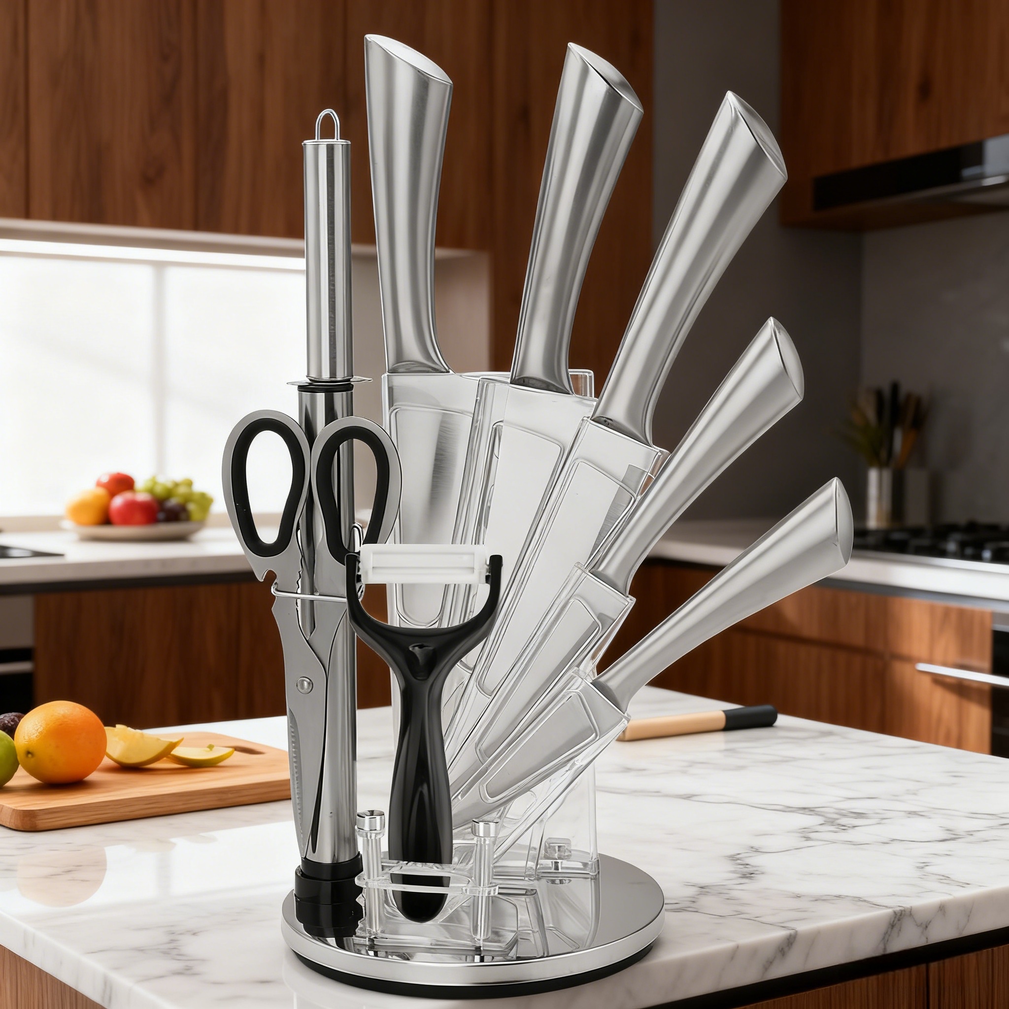 thumbnail video image 2 of REDUSK 9 Piece Stainless Steel Kitchen Knife Set with Sharpener, Premium Knife Block Set with 360° Rotating Base , Anti-Slip Ergonomic Handle, Dishwasher Safe, Sliver, 2 of 13