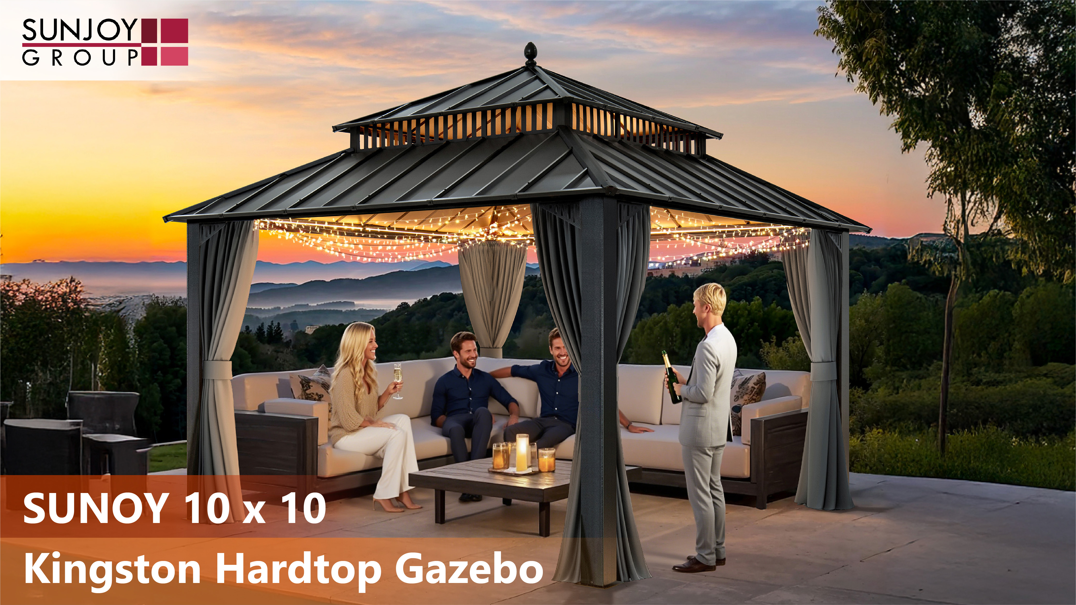 thumbnail video image 2 of Sunjoy 10x10 Gazebo with Metal Roof , Curtain, and Netting - Brown Aluminum Posts,,Kingston Series, 2 of 18