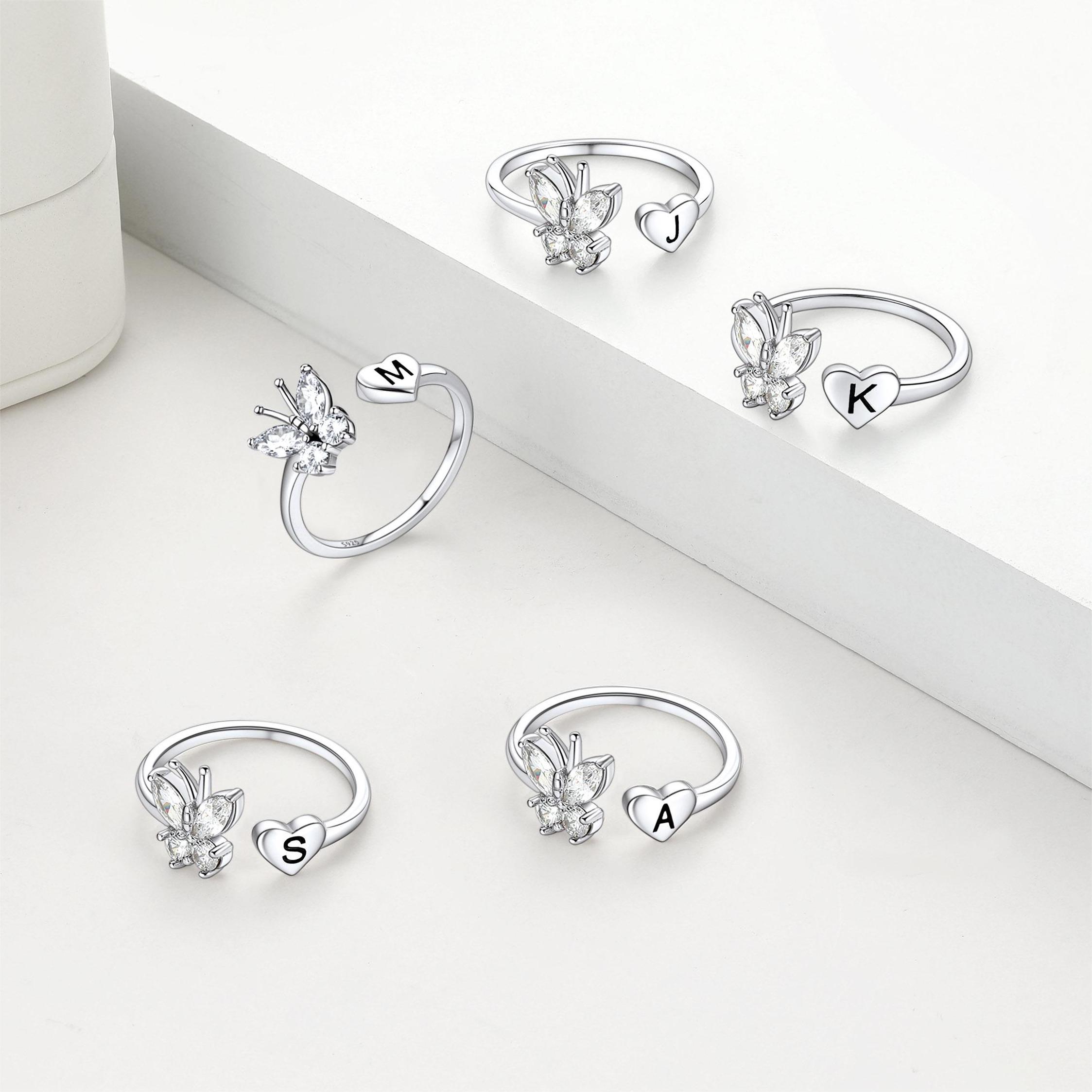 thumbnail video image 2 of FaithHeart Sterling Silver Butterfly Initial Rings for Women Adjustable Open Stackable Heart Finger Ring Dainty Cubic Zirconia Jewelry Gift Letter A, 2 of 12
