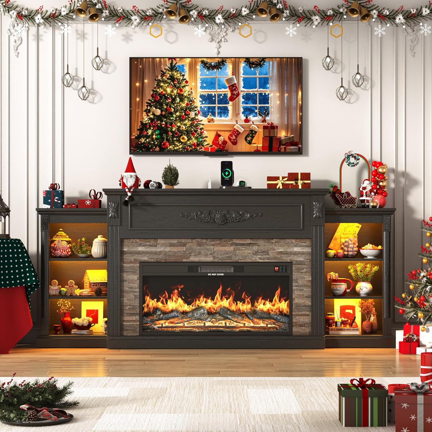 thumbnail video image 2 of ANPOO 85" Electric Fireplace with Mantel, Fireplace TV Stand with 36" Fireplace for TVs Up to 95 Inch, 37.6" Tall Farmhouse Entertainment Center with LED Lights & Charging Station, Carved Decoration, 2 of 9