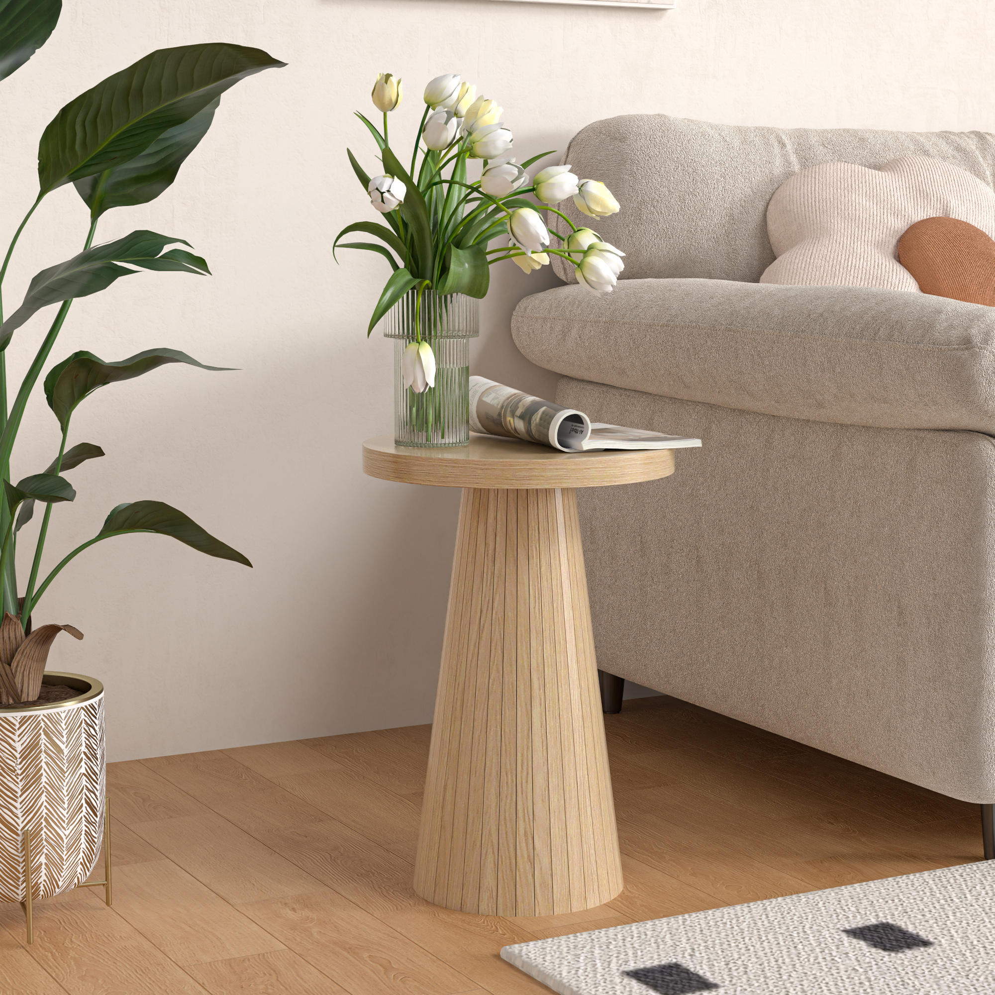 thumbnail video image 2 of Oubayajia Small Side Table, Accent Table for Small Spaces, Wood Fluted Nightstand for Bedroom, Oak, 2 of 8