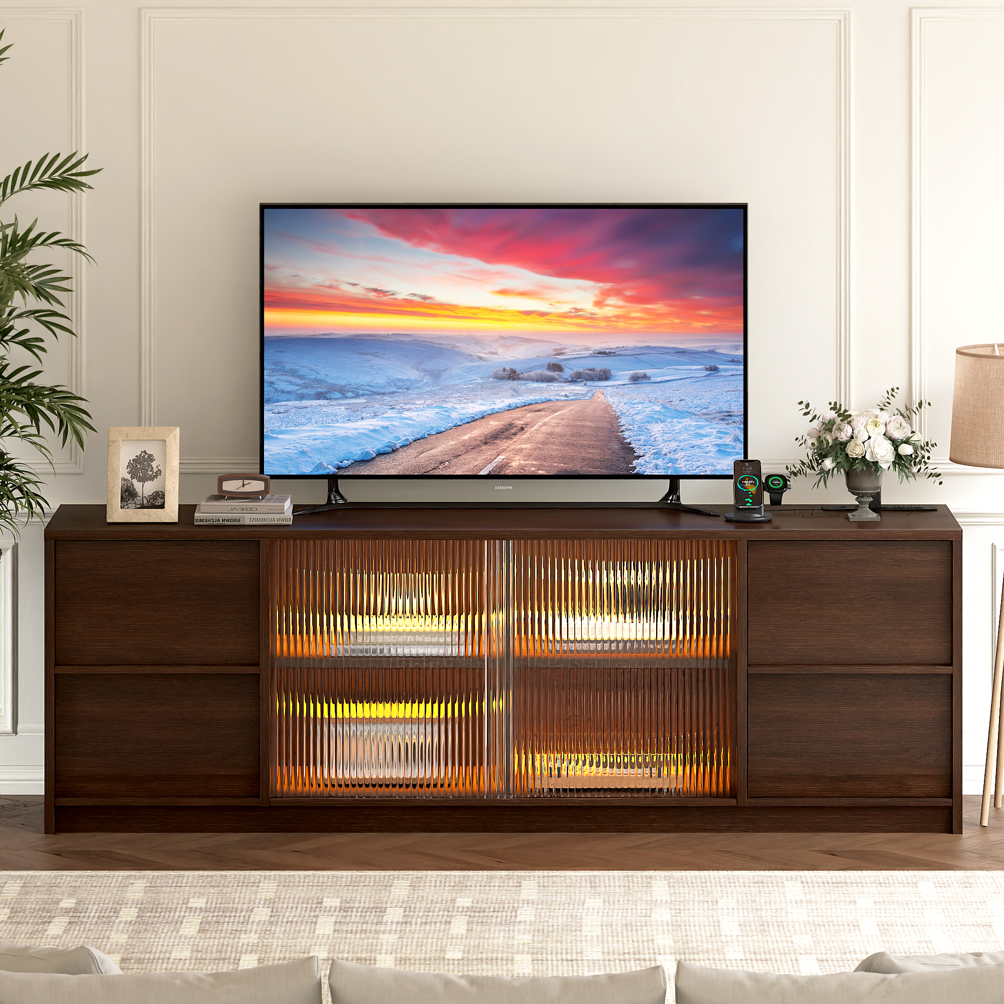 thumbnail video image 2 of GUNAITO TV Stand for TVs up to 75", Big TV Stand for Living Room with 4 Drawers and LED Lights, Entertainment Center with Storage, Walnut, 2 of 10