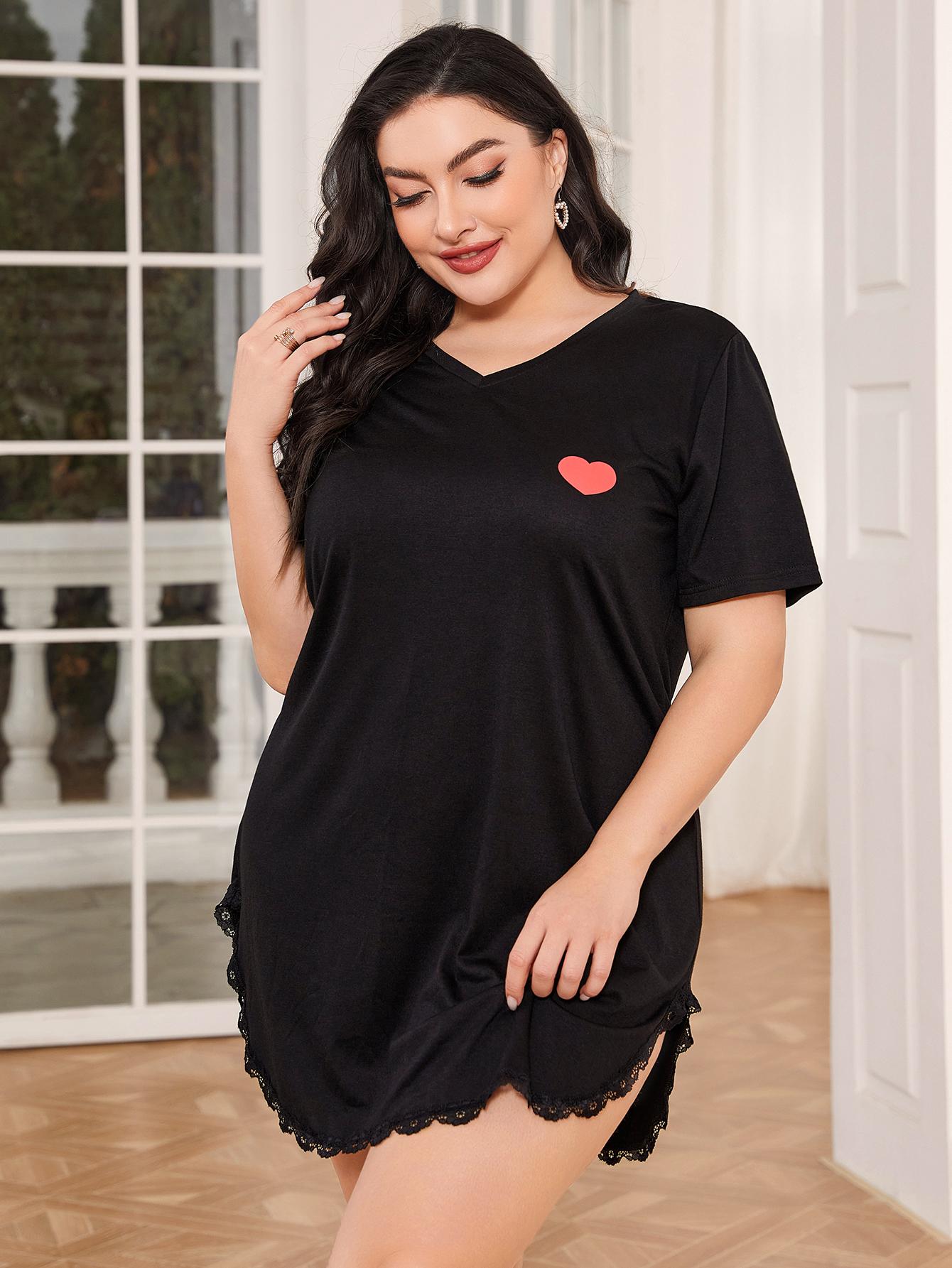 thumbnail video image 2 of ebukurty Plus Size Black Nightgown for Women Lace Short Sleeves Heart Pajamas, Sizes 1XL-5XL, 2 of 8