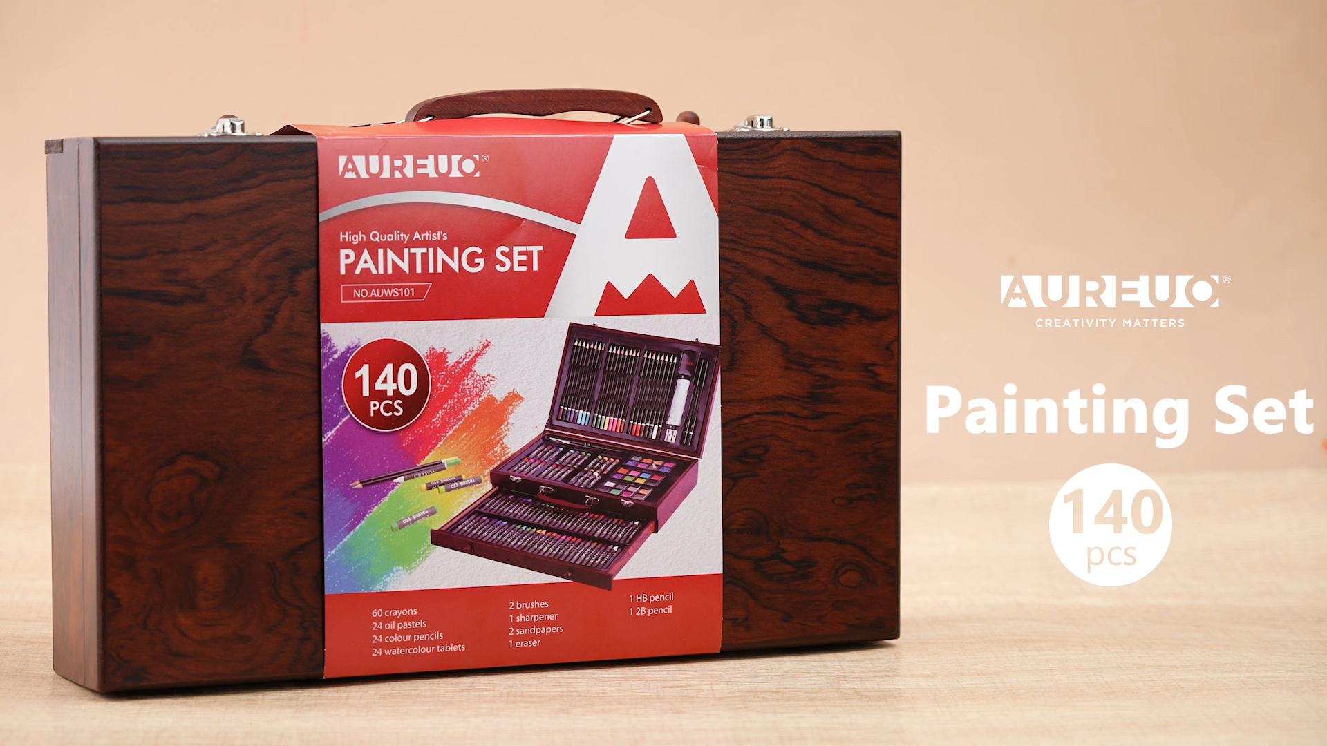 thumbnail video image 3 of AUREUO 140-Piece Deluxe Art Set with Wooden Case - Watercolors, Oil Pastels, Colored Pencils, Crayons & Brushes, 3 of 8