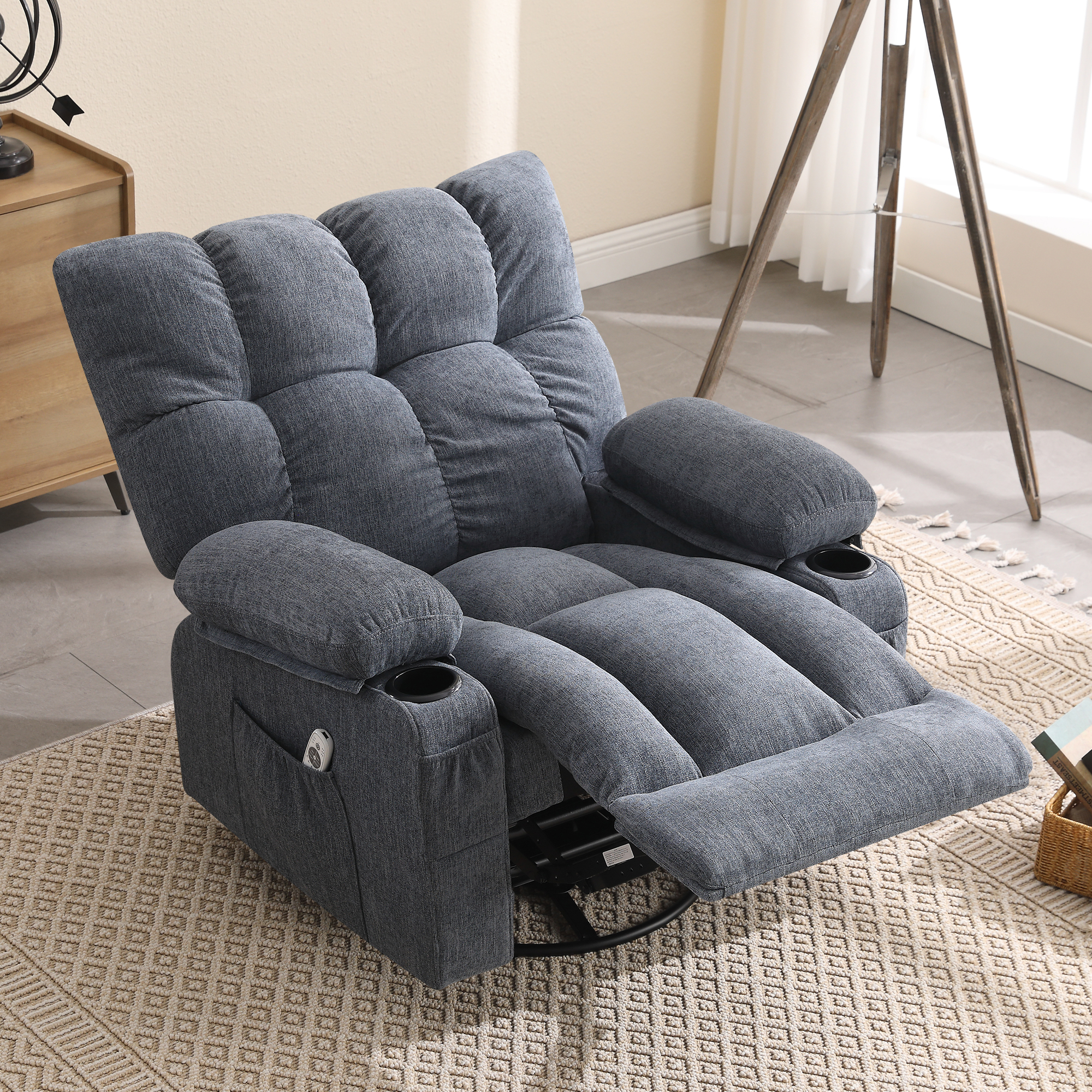 thumbnail video image 2 of JONPONY Recliner Chair, Swivel Rocker Recliner Chair for Adults, Upholstered Manual Recliner with Side Pockets,Elderly Single Rocker Sofa with Cup Holders for Bedroom Home Theater,Blue, 2 of 14