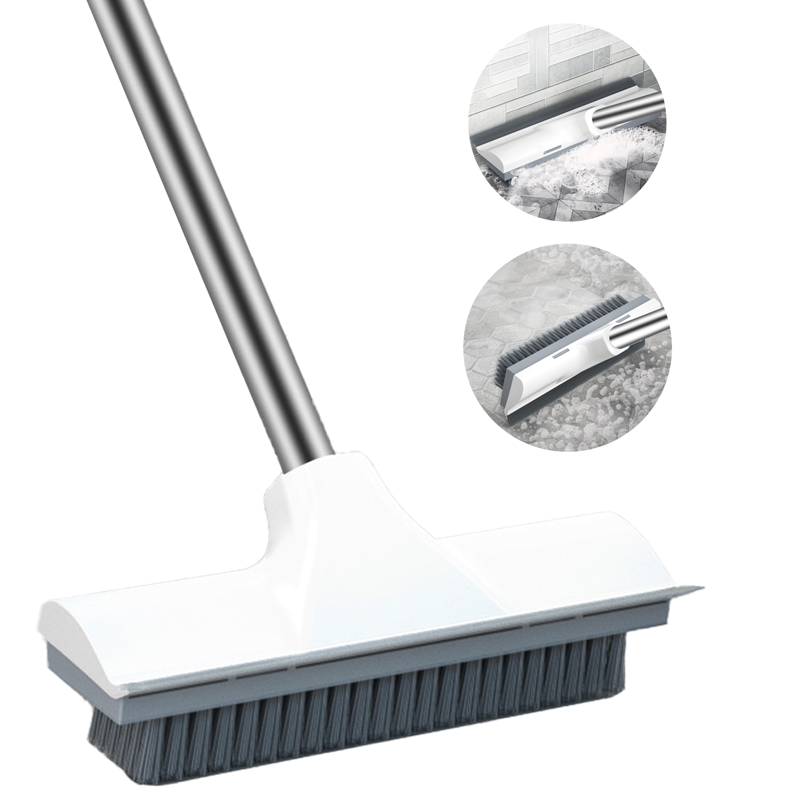 thumbnail video image 2 of Floor Scrub Brush with Long Handle, 2 in 1 Stiff Bristle Scrubber Broom with Squeegee for Carpet Tile Hardwood Cleaning, 2 of 8