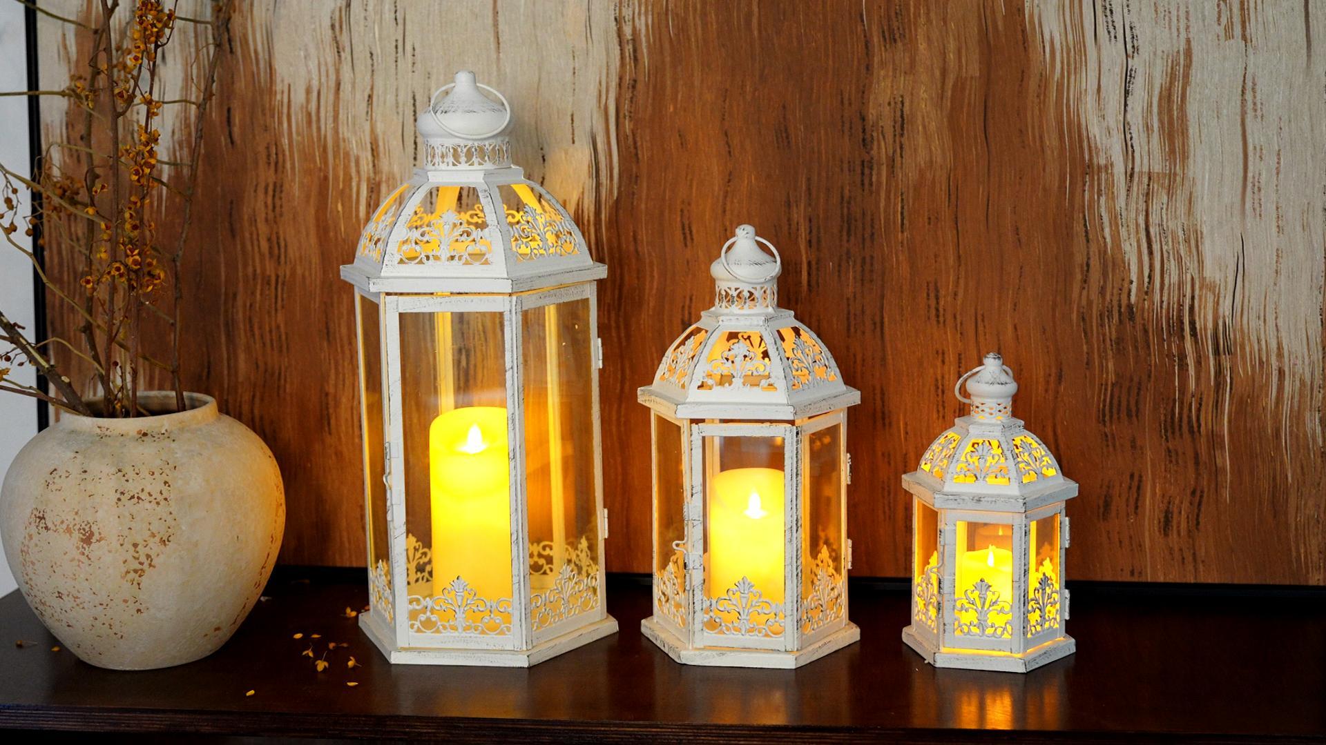 thumbnail video image 2 of Large Set of 3 Decorative Lanterns 19''&13.5''&9.5" H Vintage Hanging Lantern Metal Candleholder with Tempered Glass for Indoor Outdoor Home Decor Parties Garden(White with Grey Brush), 2 of 12