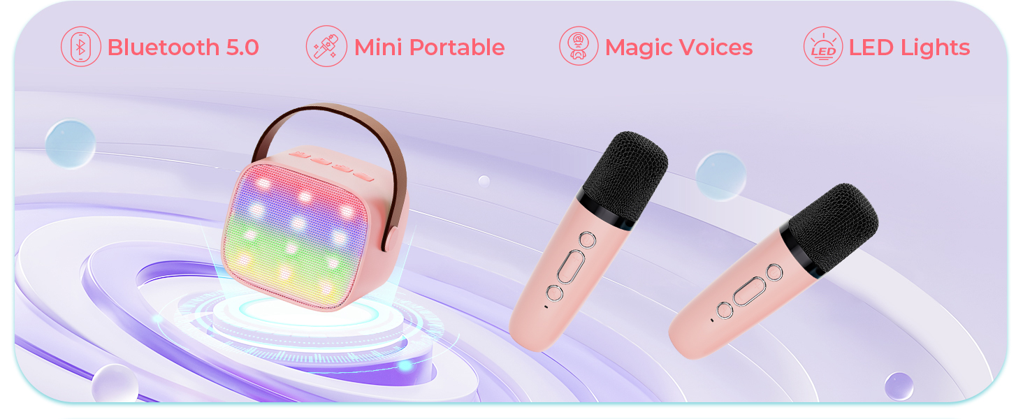 thumbnail video image 2 of Mini Karaoke Machine for Kids, Haomuren Christmas Birthday Gifts for 3-14 Years Toys for Girls Boys Toddler,Portable Bluetooth Karaoke Machine with 2 Wireless Microphones and Light Speaker,Pink 2Mics, 2 of 10