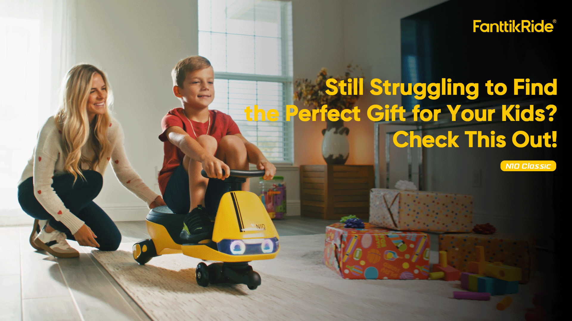 thumbnail video image 2 of FanttikRide N10 Classic Electric Wiggle Car with Pedal, Type-C Rechargeable Battery, One-Click Detachable Mop, GlideWiz, Anti-Rollover, Flashing Wheels, Bluetooth, for Ages 3 and Up, 150 Lbs, Yellow, 2 of 10