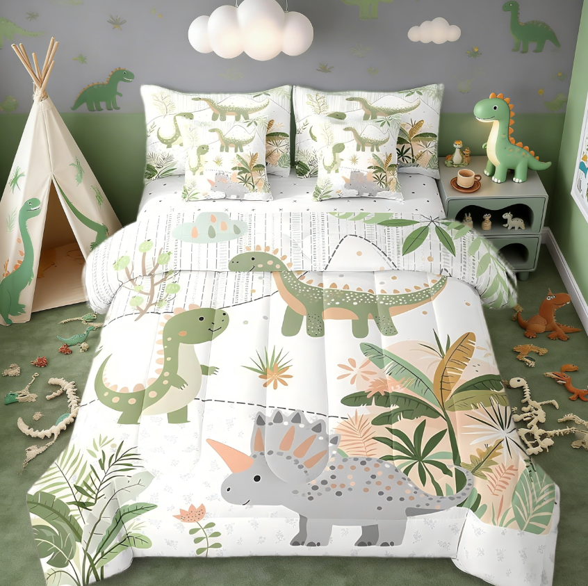 thumbnail video image 2 of Manfei Kids Cute Dino 7-Piece Twin Bedding Sets,Cartoon Green Dinosaur Bedding Comforter Set For Boys Girls,Cute Animal Coconut Plant Bed Set Reversible, 2 of 7