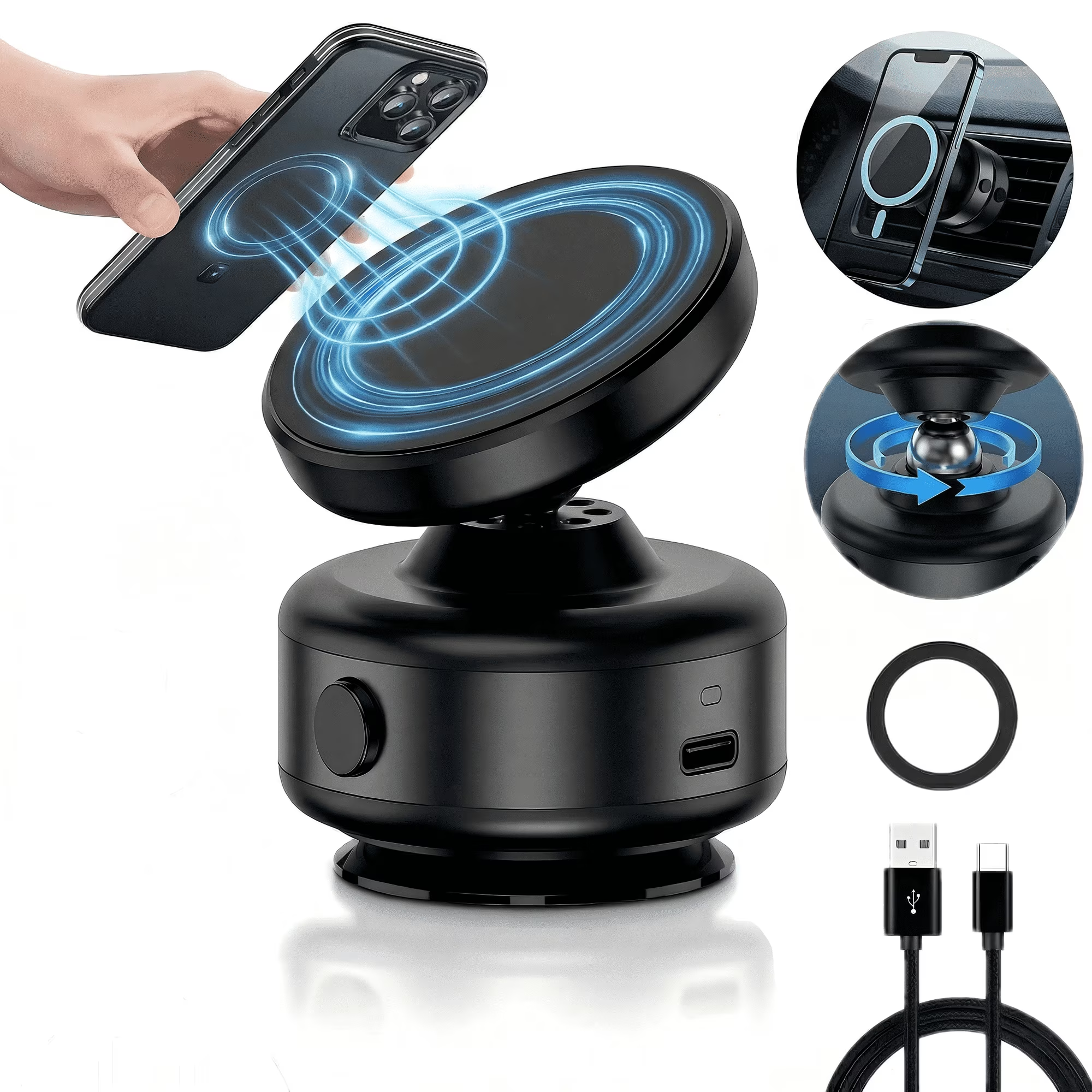 thumbnail video image 2 of PUCACHI Electric Suction Magnetic Car Phone Holder – 78LBS Vacuum Suction, 2400GF Magnetic Lock, 360° Dashboard/Windshield Mount for iPhone Samsung Android, 2 of 13
