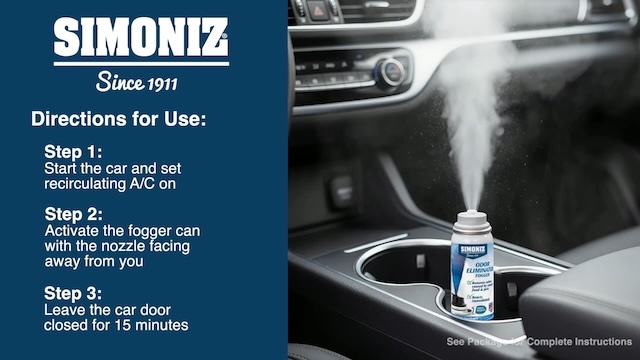 thumbnail video image 2 of Simoniz Odor & Bacteria Eliminating Vehicle Fogger with Naturally Formulated Fragrance, True Night Scent, 1.5 Oz, 2 of 11