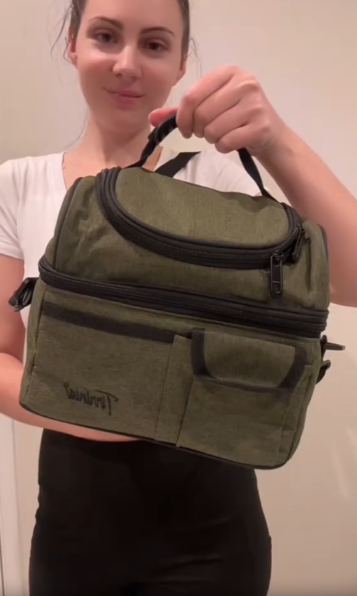 thumbnail video image 2 of Tirrinia Insulated Lunch Box for Men Women, Leakproof Thermal Bento Lunch Bag Cooler Tote, Dual Compartment with Shoulder Strap, 10.3" x 7.5" x 8.6", Gray, 2 of 8