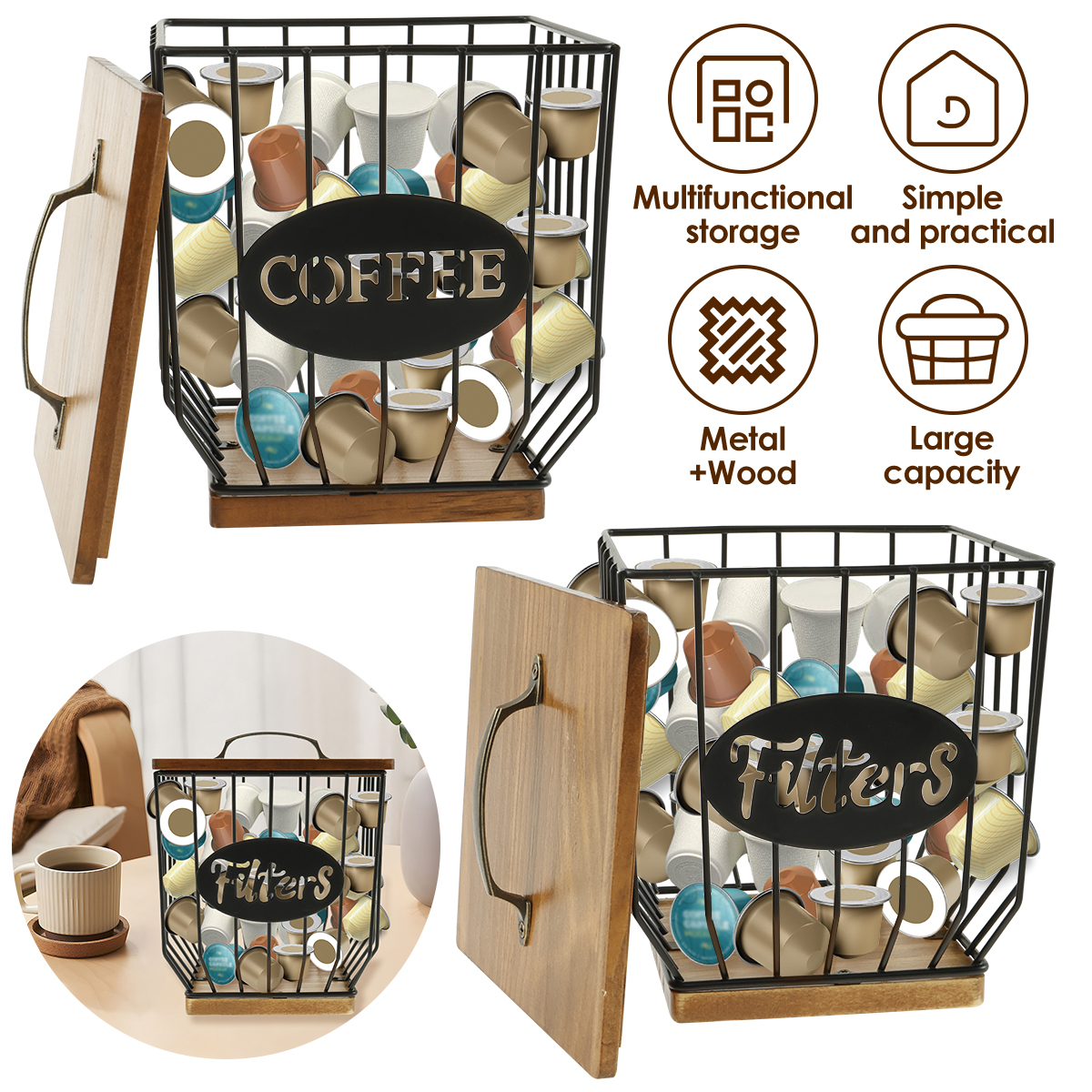 thumbnail video image 2 of Txkrhwa Coffee Pod Holder, Large Capacity K Cup Holder with Lid, Coffee Pods Organizer Basket, Modern K Cup Organizer with Wooden Base, Wire Coffee Pods Storage Organizer for Coffee Bar Counter, 2 of 11