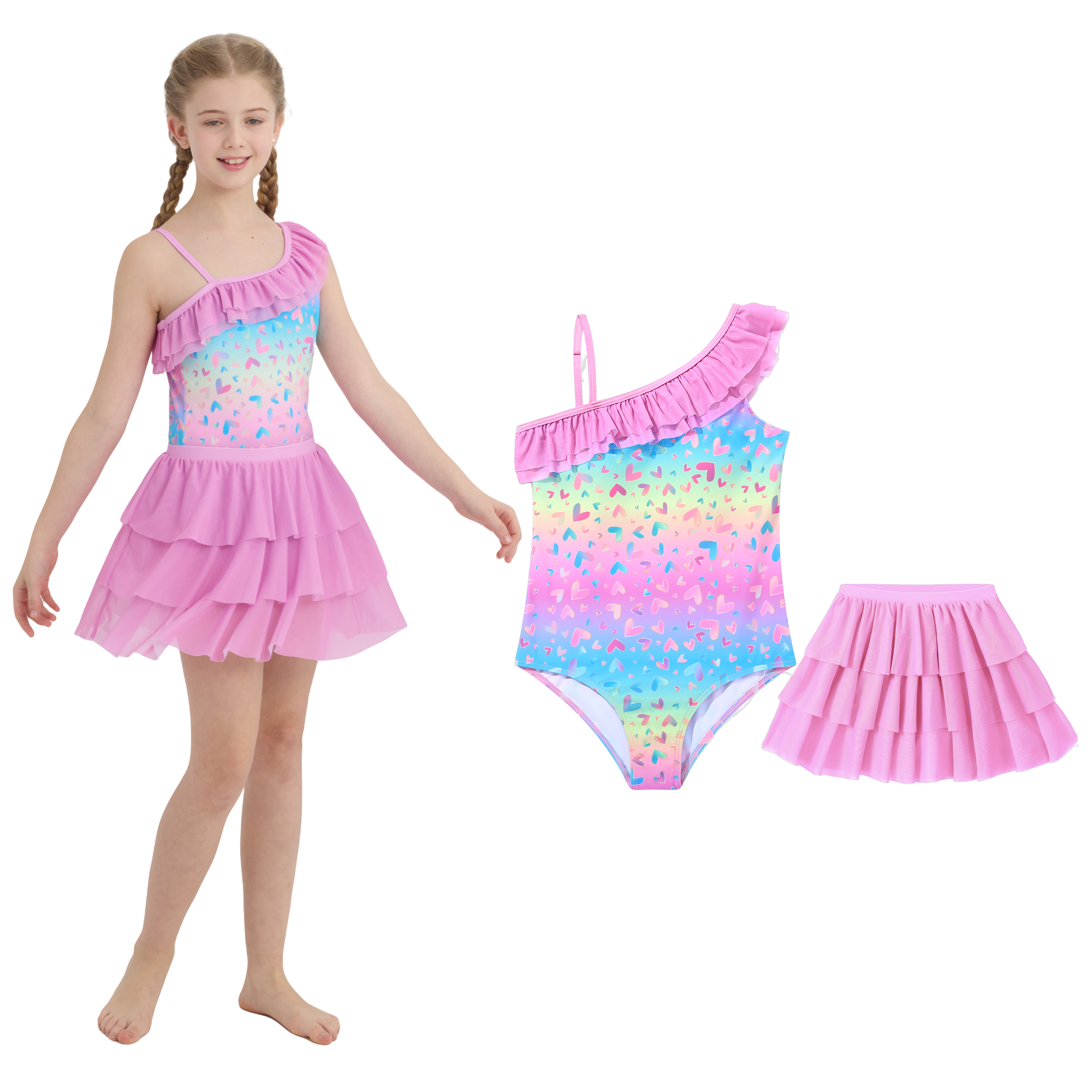 thumbnail video image 2 of Ardorlove Girls Swimsuits One Piece with Mesh Skirt (Age 5-12Y) Swimsuit Teen Girls Bathing Suit Quick Dry One Shoulder Ruffle Swimwear, 2 of 7