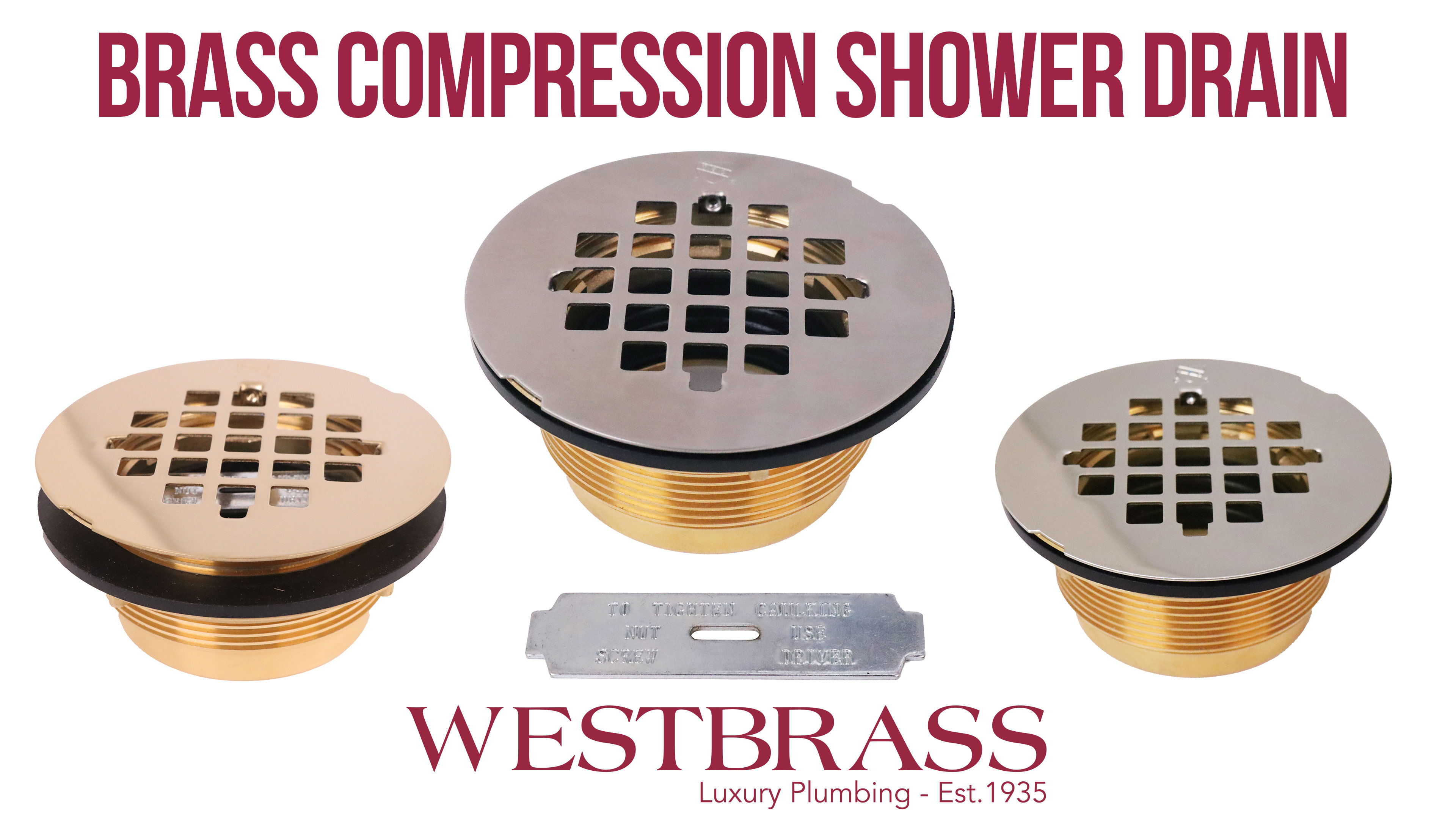 thumbnail video image 2 of Westbrass D206B-50 4-1/4" Brass Key Compression Shower Drain, Powder Coat White, 2 of 11