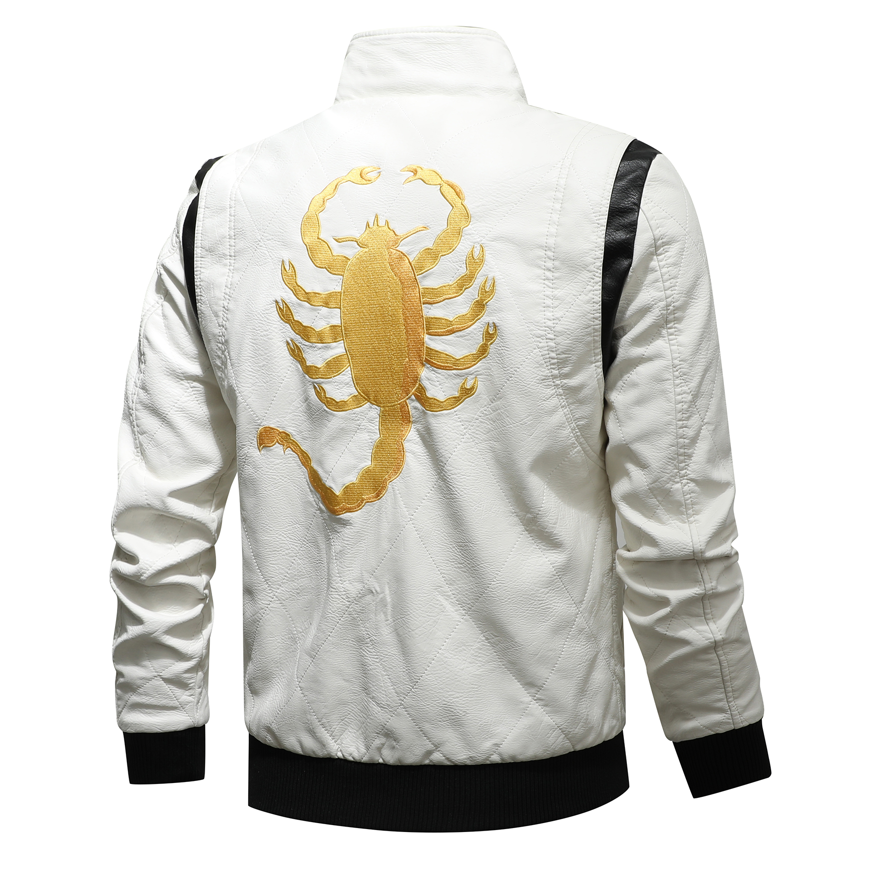 thumbnail video image 2 of Men's color block PU leather jacket youth motorcycle embroidered jacket street wear stand-up collar design, 2 of 7