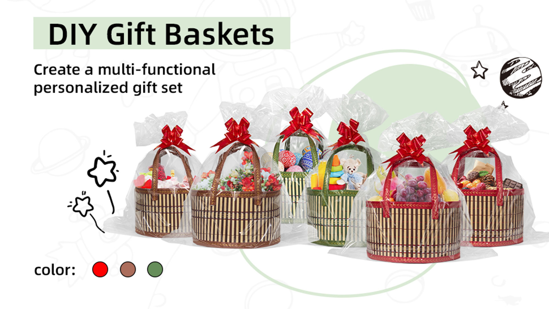thumbnail video image 2 of Green Bamboo Gift Basket Set, 3 Pack Decorative Storage Baskets with Clear Wrap Bags, Ribbon Bows, 11x7.9x6 Inches, for Wedding, Birthday, Christmas, Baby Shower, 2 of 9