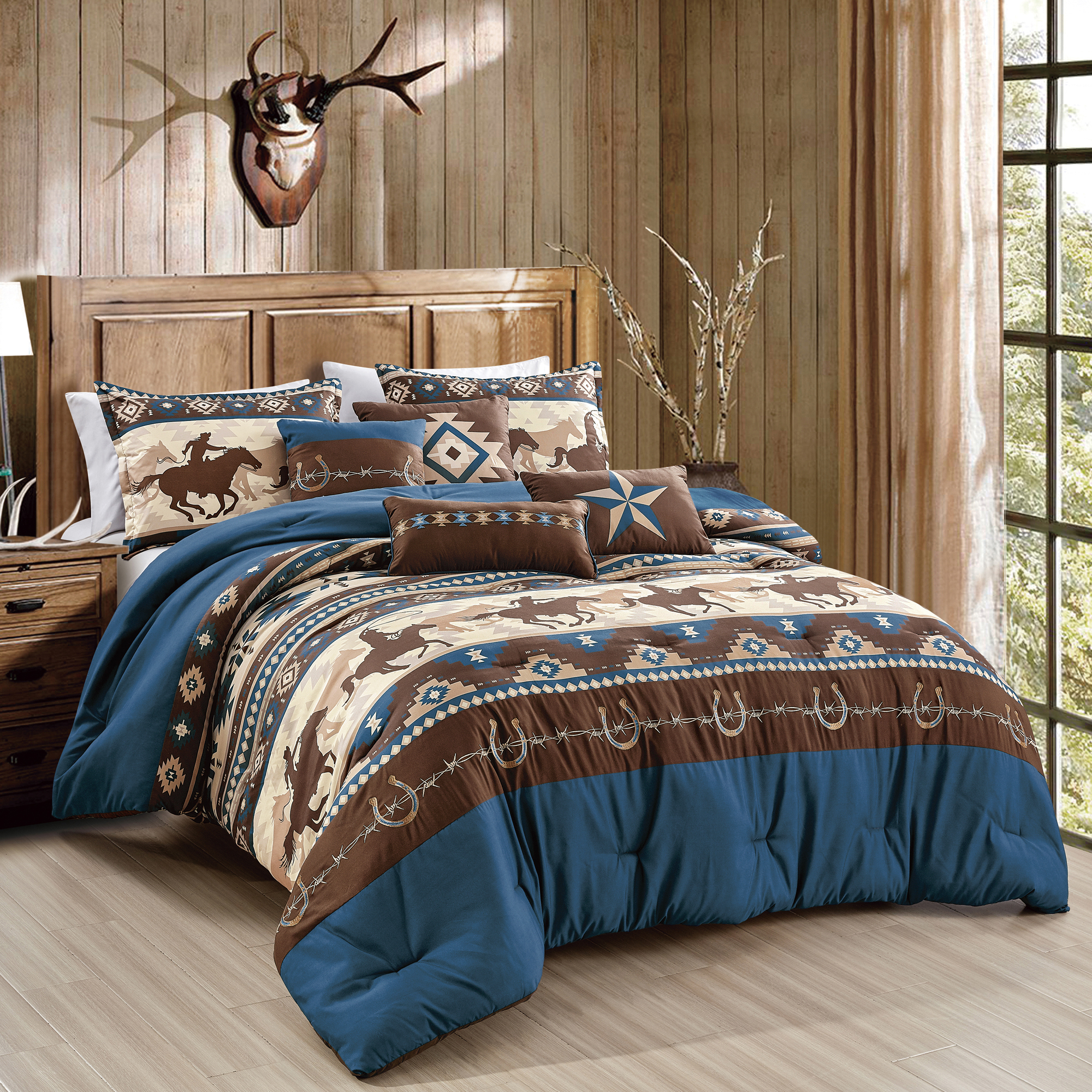 thumbnail video image 2 of 7-Piece Western Comforter Set – Cowboy & Horse Design with Star, Horseshoe & Barbed Wire Motifs – Rustic Microfiber Bedding with Decorative Pillows & Shams - OEKO-TEX Certified (Magna, Queen), 2 of 7