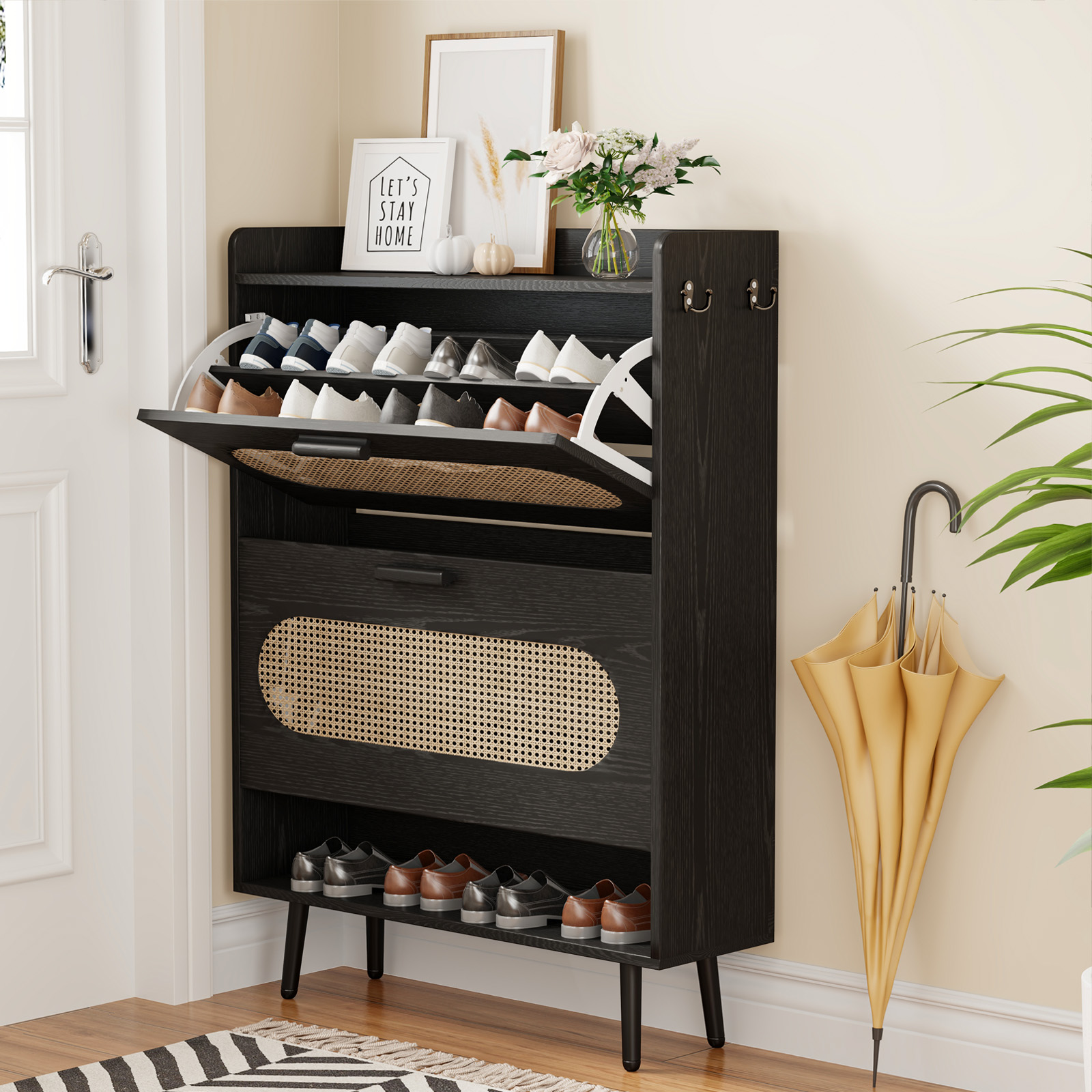 thumbnail video image 2 of Bel Ark Rattan Shoe Cabinet with 2 Flip Drawers - Narrow Freestanding Hidden Organizer for Entryway, Hallway, Living Room,Black, 2 of 9