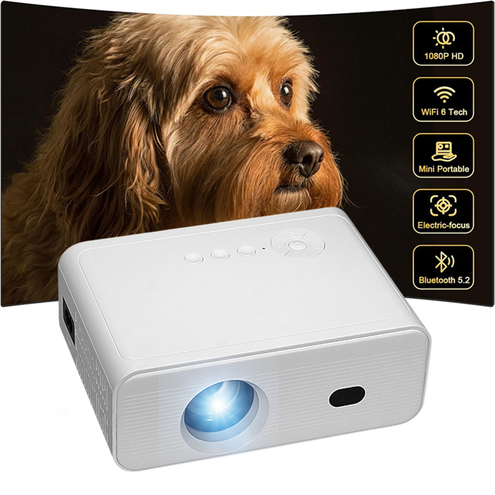 thumbnail video image 2 of BDQ L012H Mini Projector, 1080P (Supports 4K), WiFi 6.2 dual-band, Bluetooth 5.2, Android 11, 170 ANSI, 120 in big screen, White, 2 of 11